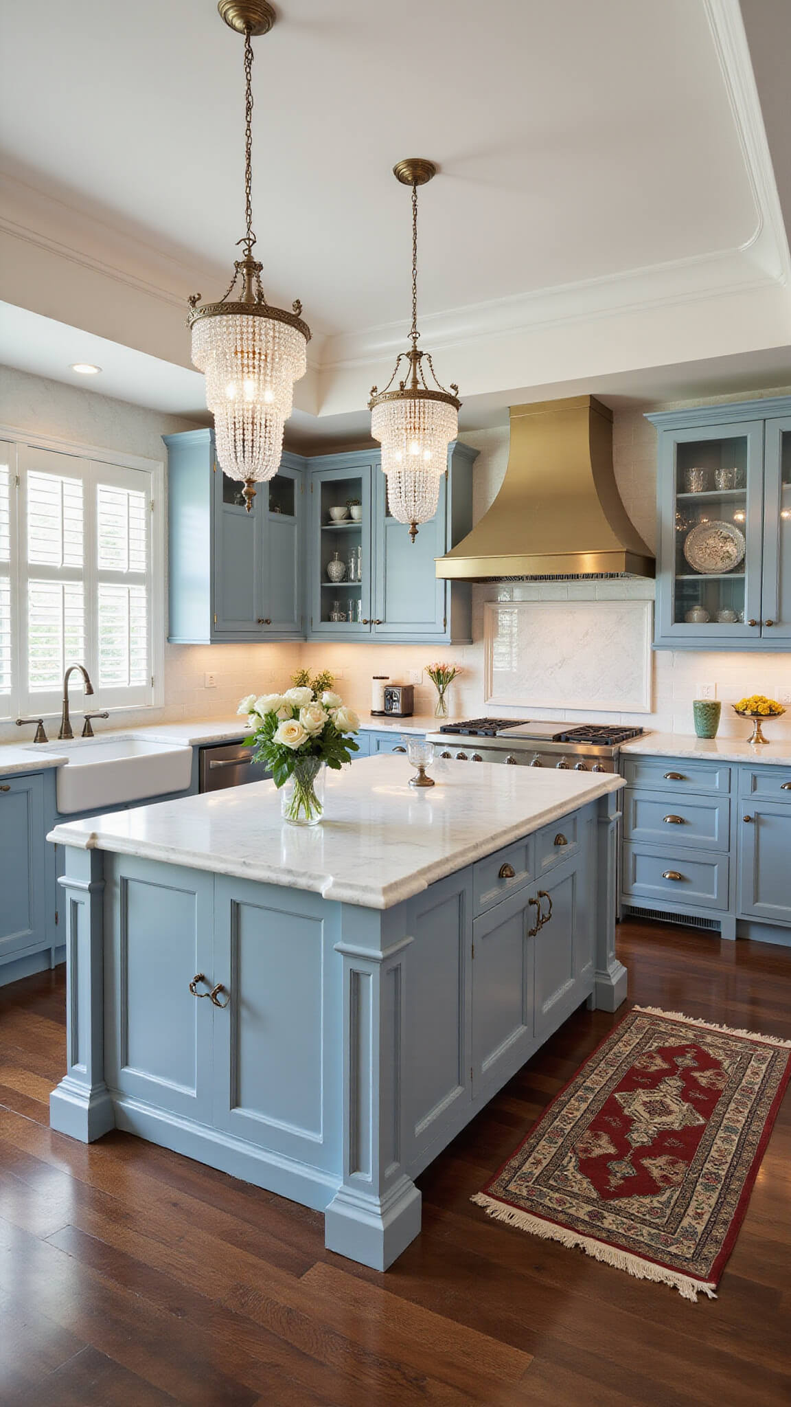 Luxurious traditional kitchen with powder blue cabinets, Calacatta marble island, brass range hood, crystal chandeliers, and Persian rug on hardwood floors.
