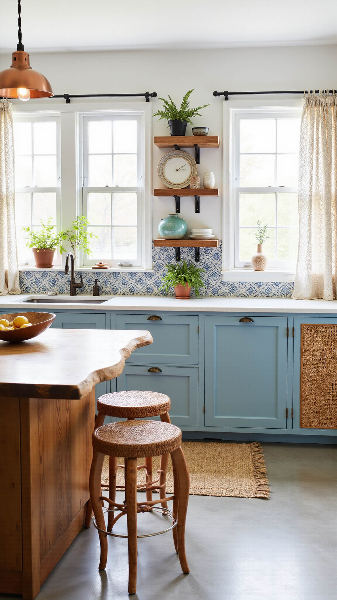 Boho-chic kitchen with powder blue rattan cabinets, live-edge island, Moroccan tile backsplash, macramé curtains, copper accents, and eclectic open shelving in bright natural light.