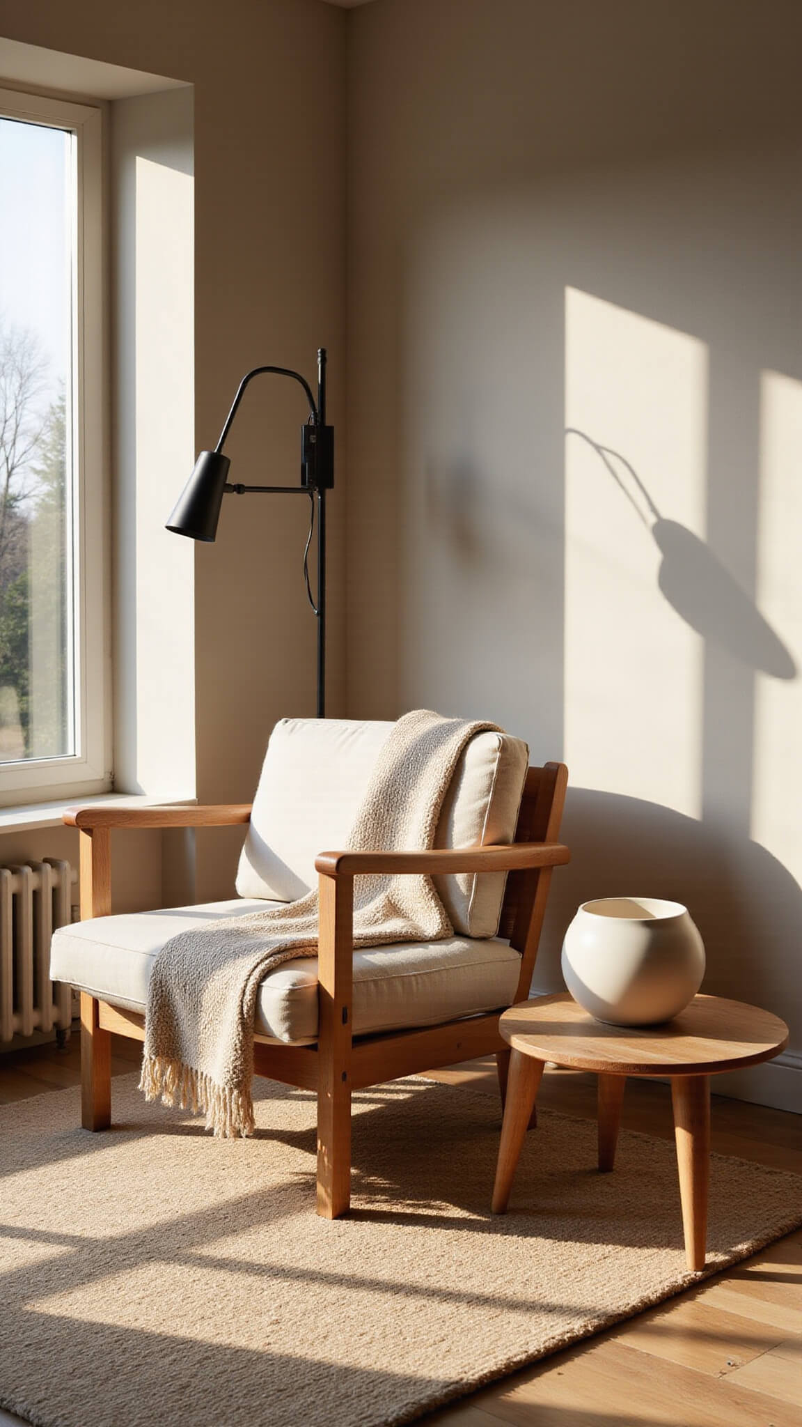 Japandi-style living room corner with oak and linen chair, jute rug, teak side table, and floor-to-ceiling windows casting morning light.