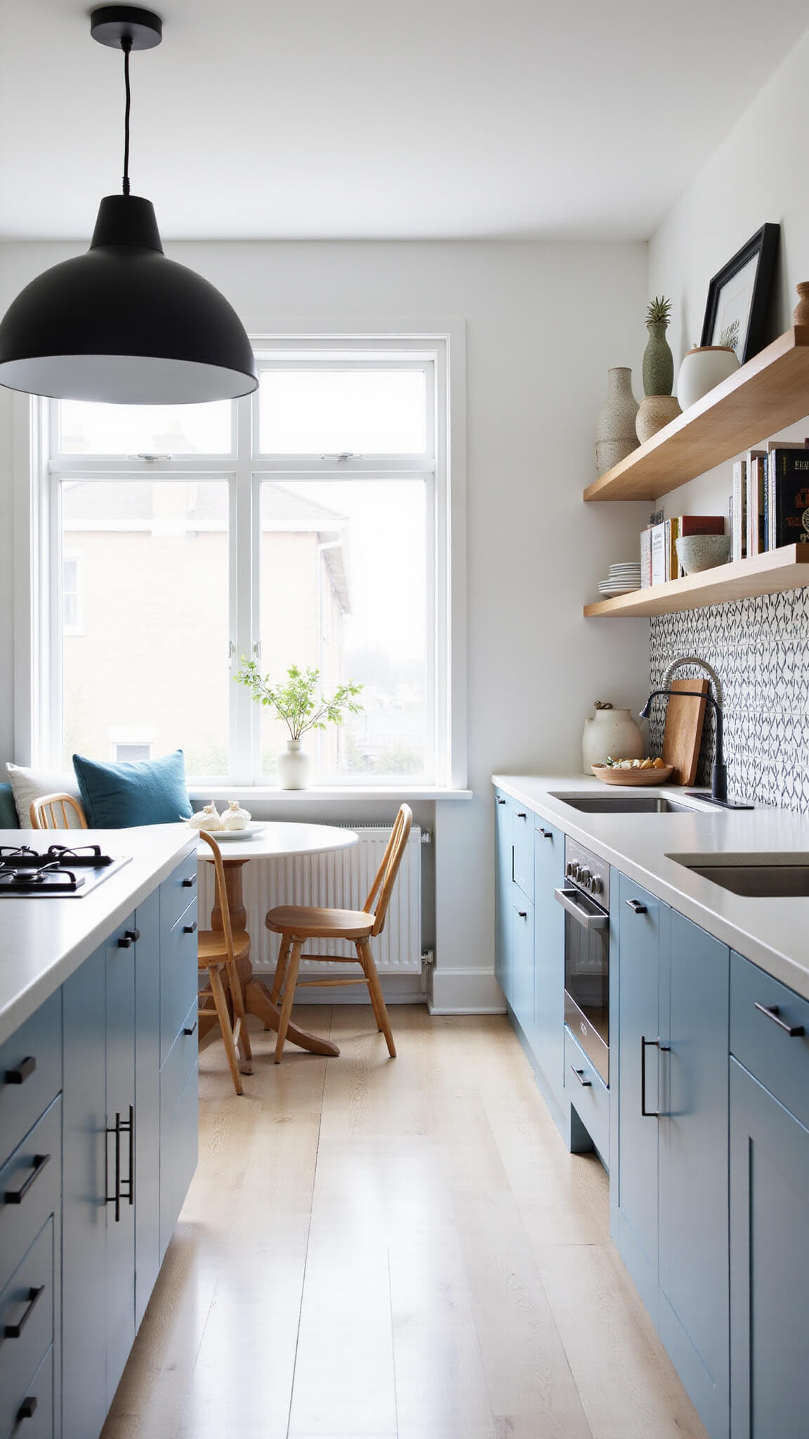 Scandinavian-style kitchen with powder blue cabinets, black hardware, ash wood floors, geometric tile backsplash, round dining table, and open shelving with ceramics.