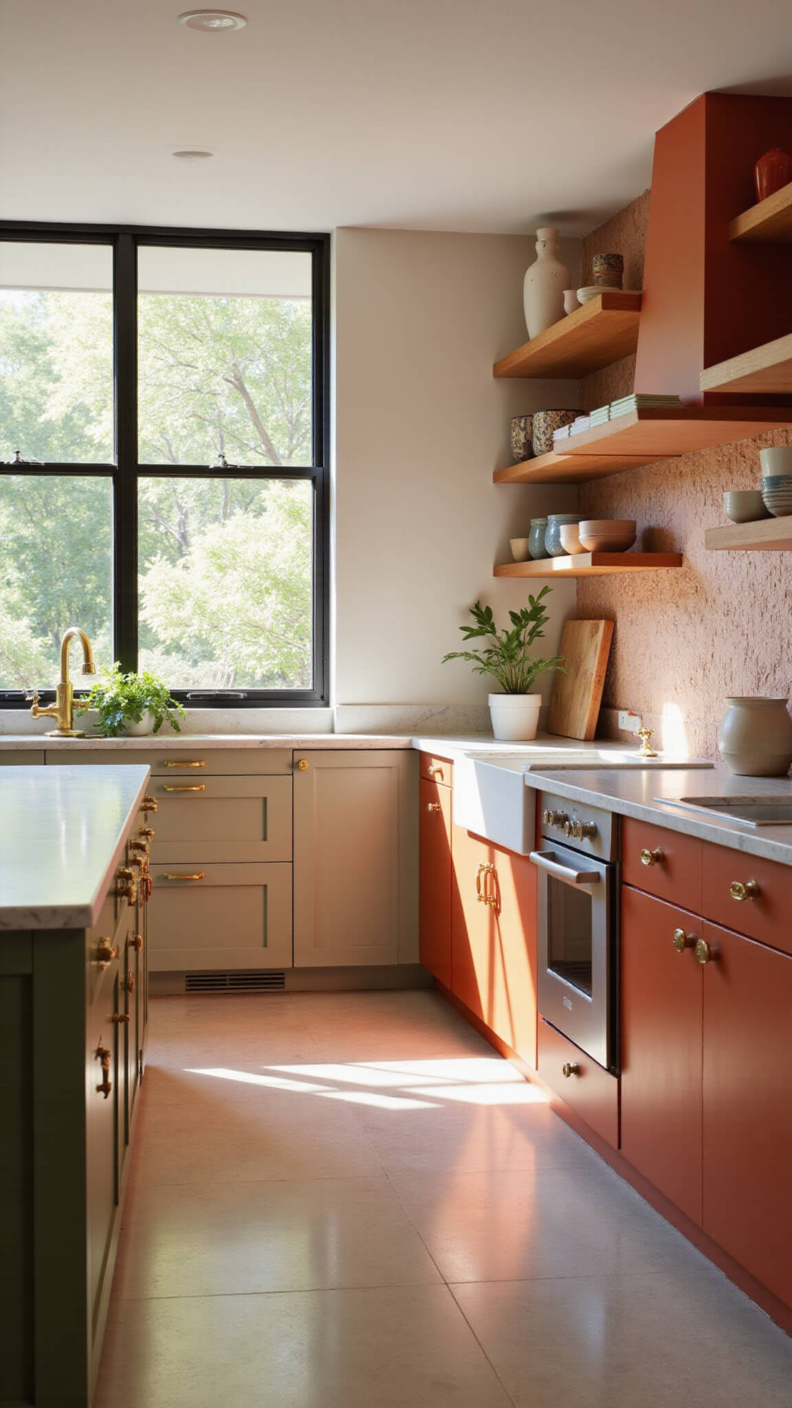 Warm-toned open-concept kitchen with terracotta cabinets, sage green island, white marble countertops, and sunlight streaming through large windows.
