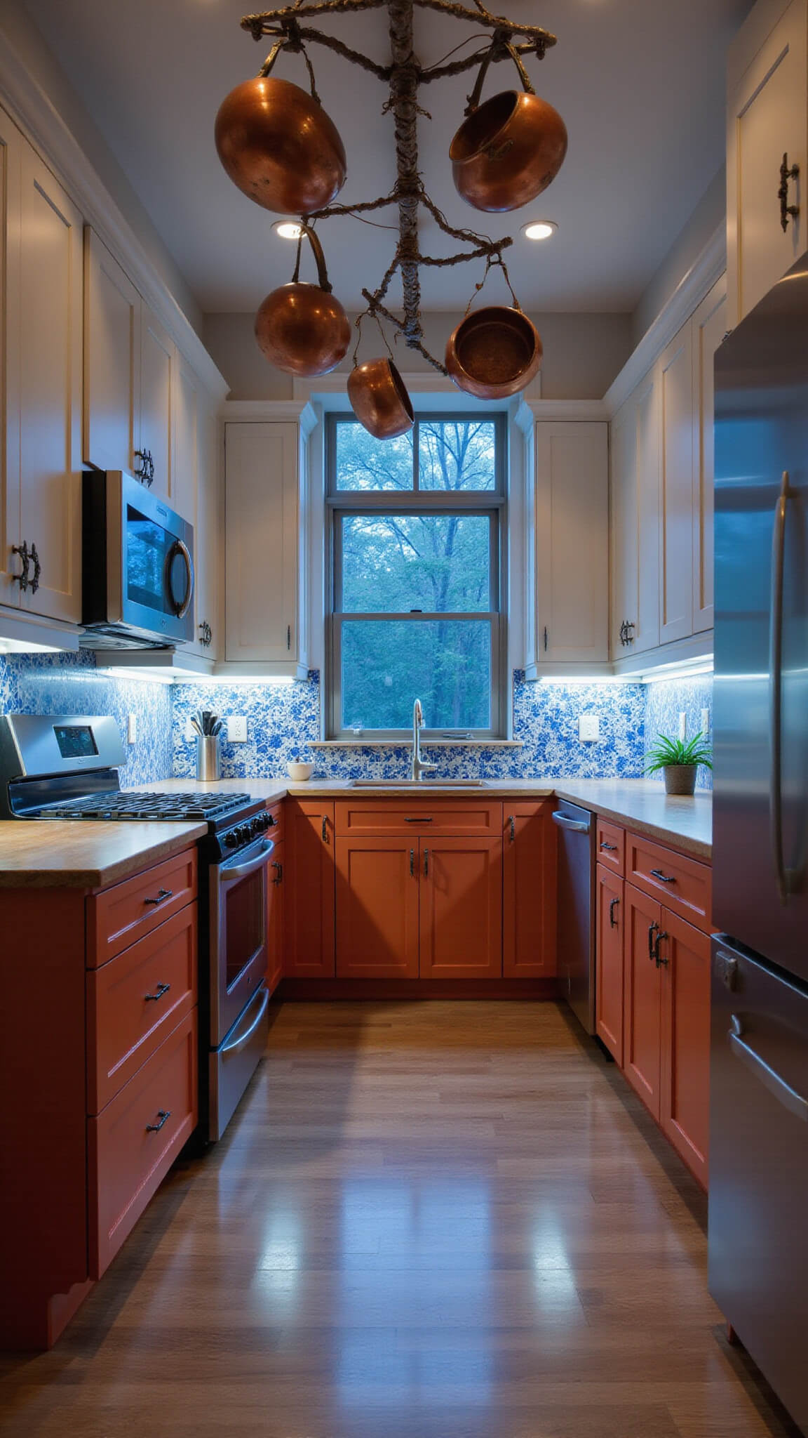 Twilight-lit galley kitchen with terracotta lower cabinets, white uppers, Delft tile backsplash, butcher block counters, and hanging copper pots.