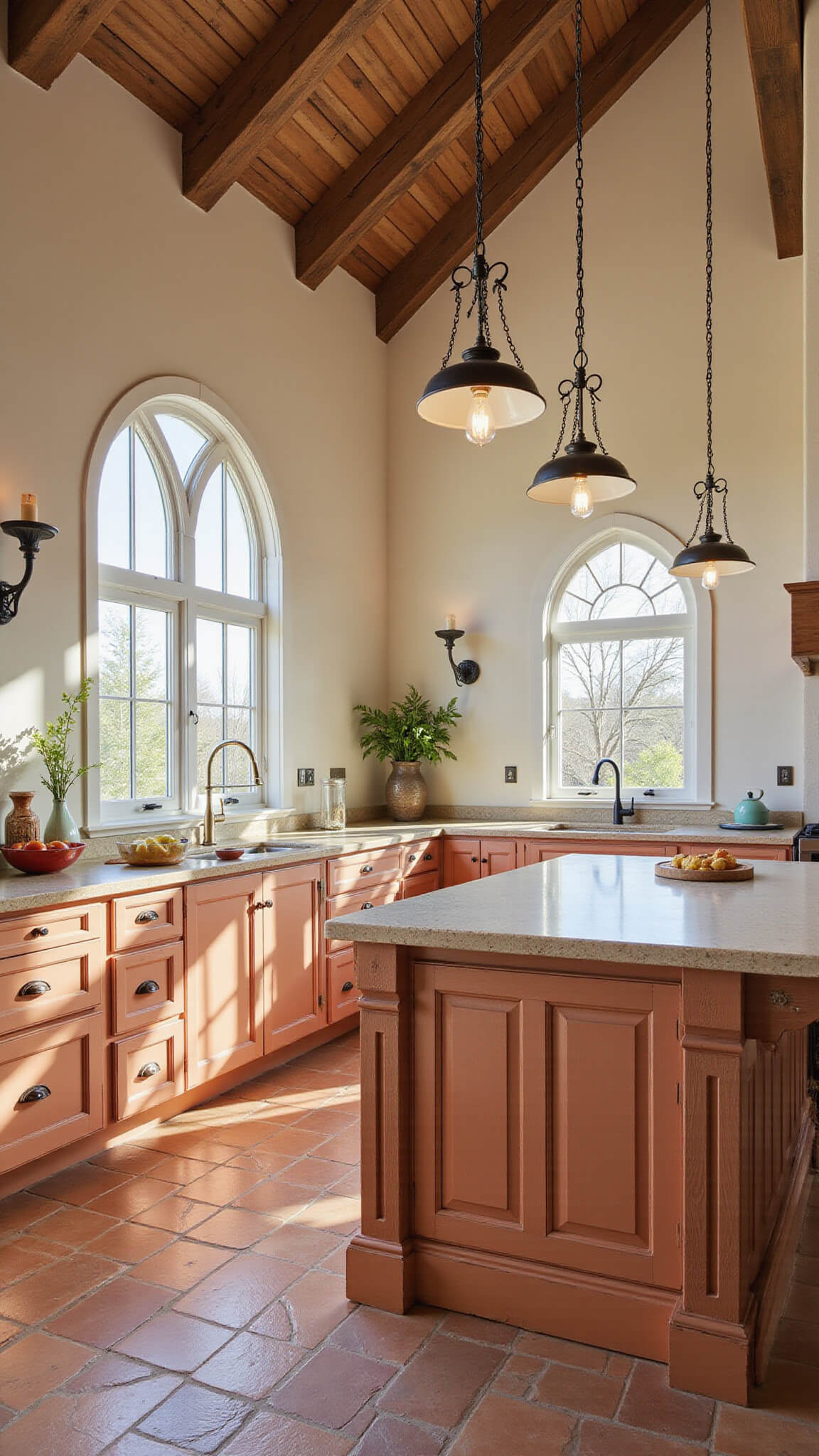 High-angle view of a sunlit Mediterranean-style kitchen with terracotta cabinets, creamy quartz countertops, a dark wood island, vaulted ceilings with wooden beams, arched windows, and patterned terracotta floor tiles.