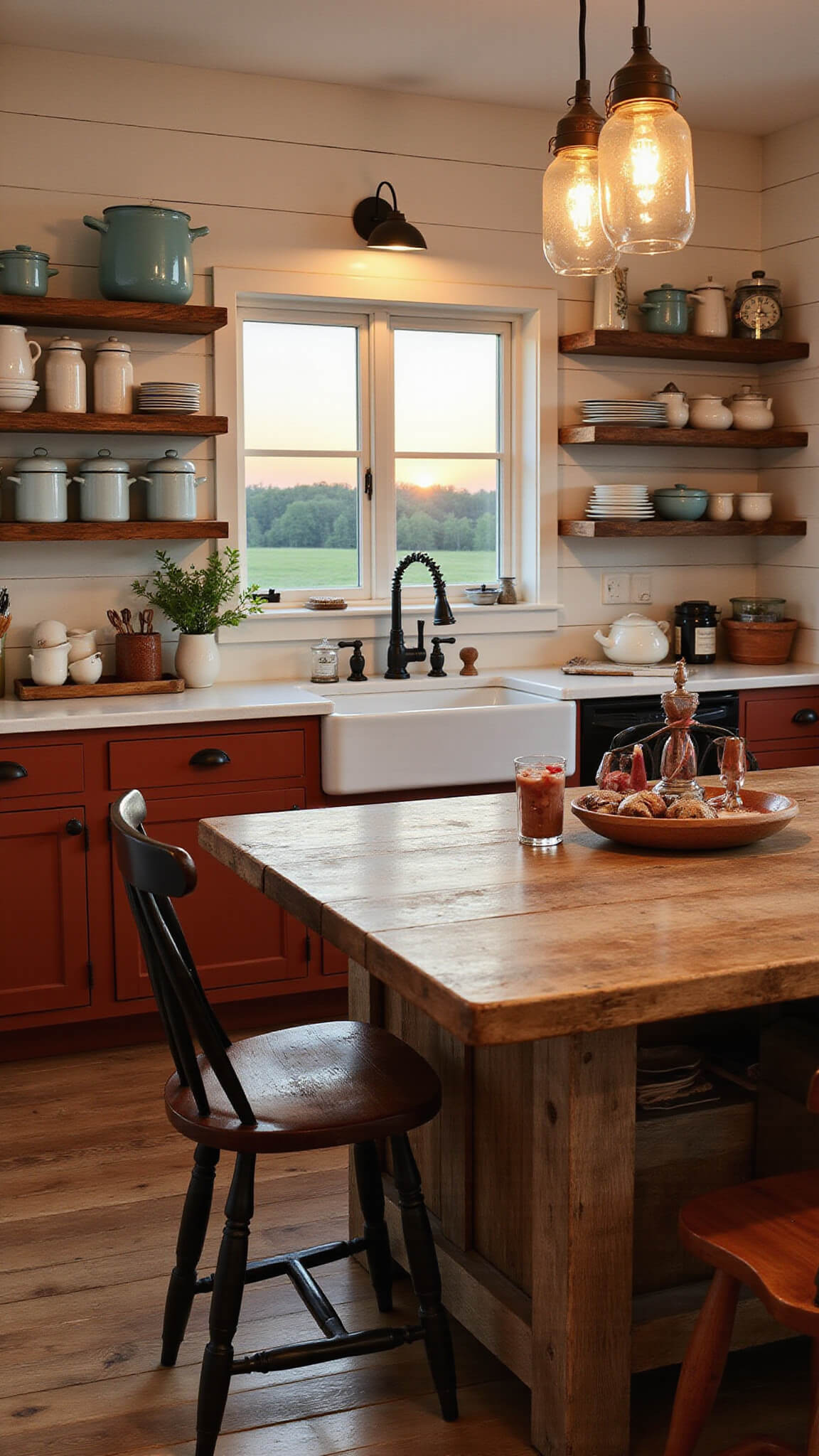 Rustic farmhouse kitchen with terracotta cabinets, ivory shiplap walls, vintage decor, and warm sunset lighting creating a cozy, lived-in atmosphere.