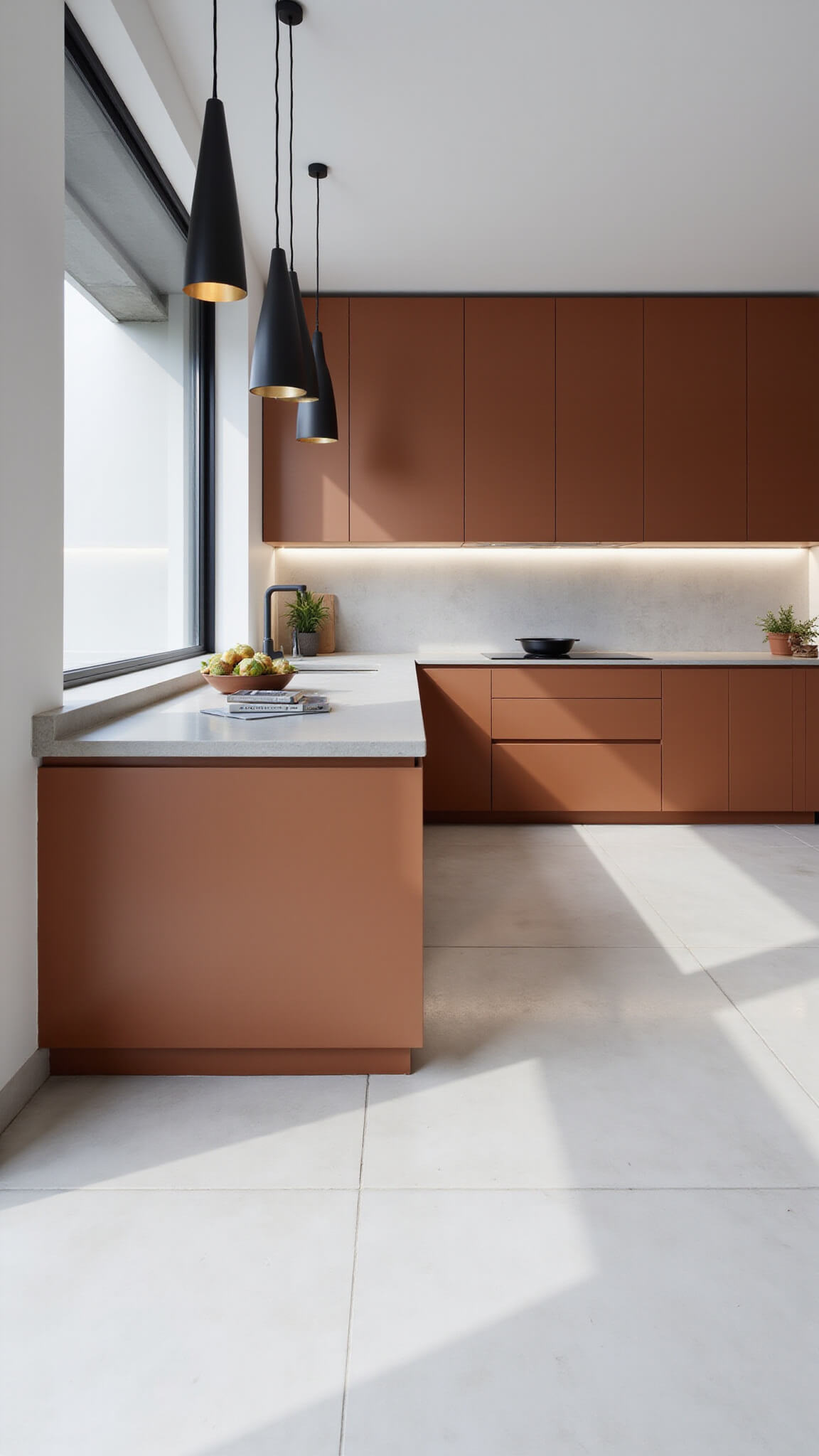 Modern minimalist kitchen with terracotta cabinets, concrete waterfall island, and sleek black fixtures in cool morning light.