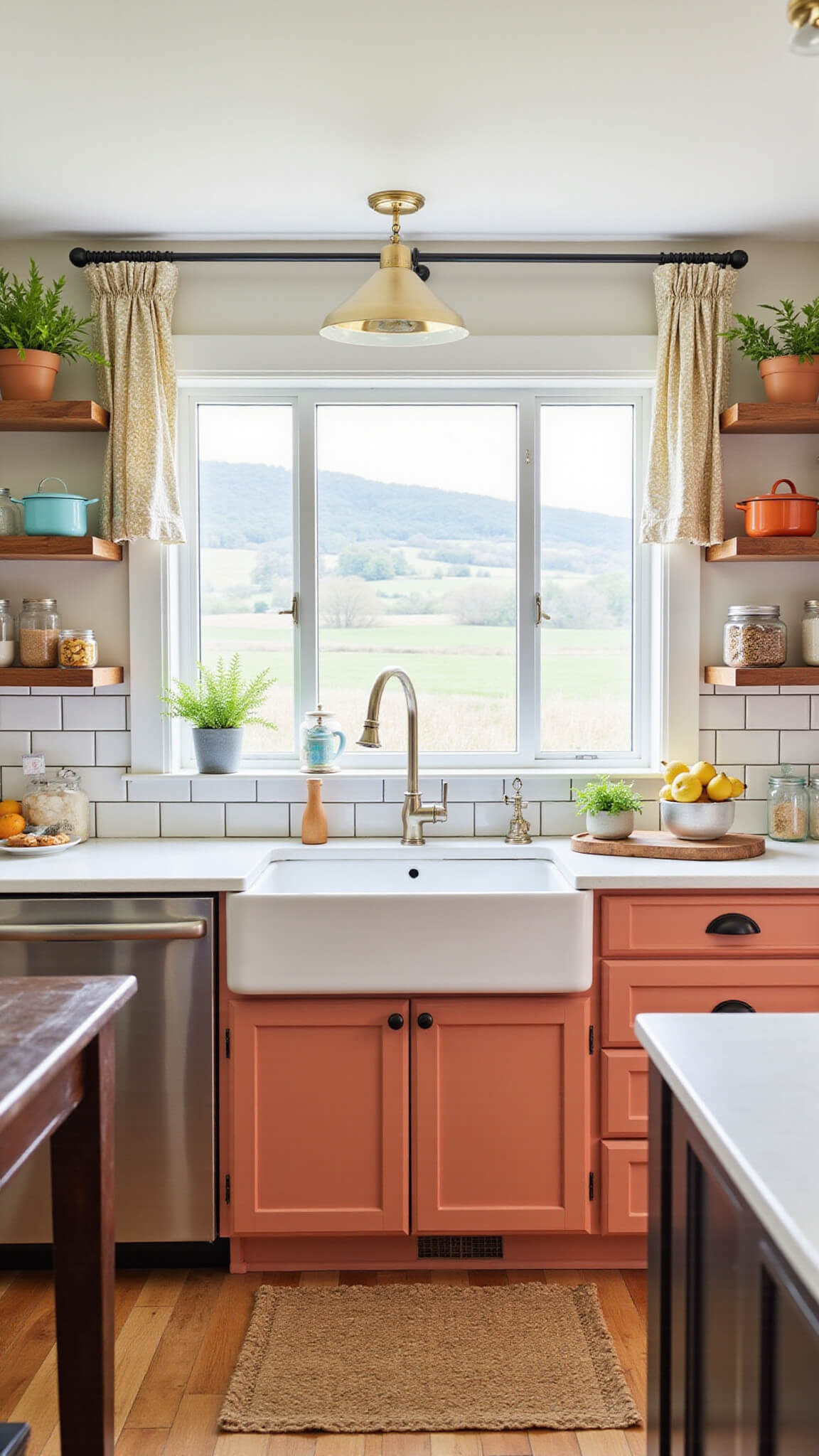 Country chic kitchen with terracotta cabinets, farmhouse sink under a window with gingham curtains, open shelving, and wood floors with braided rug in bright natural light.