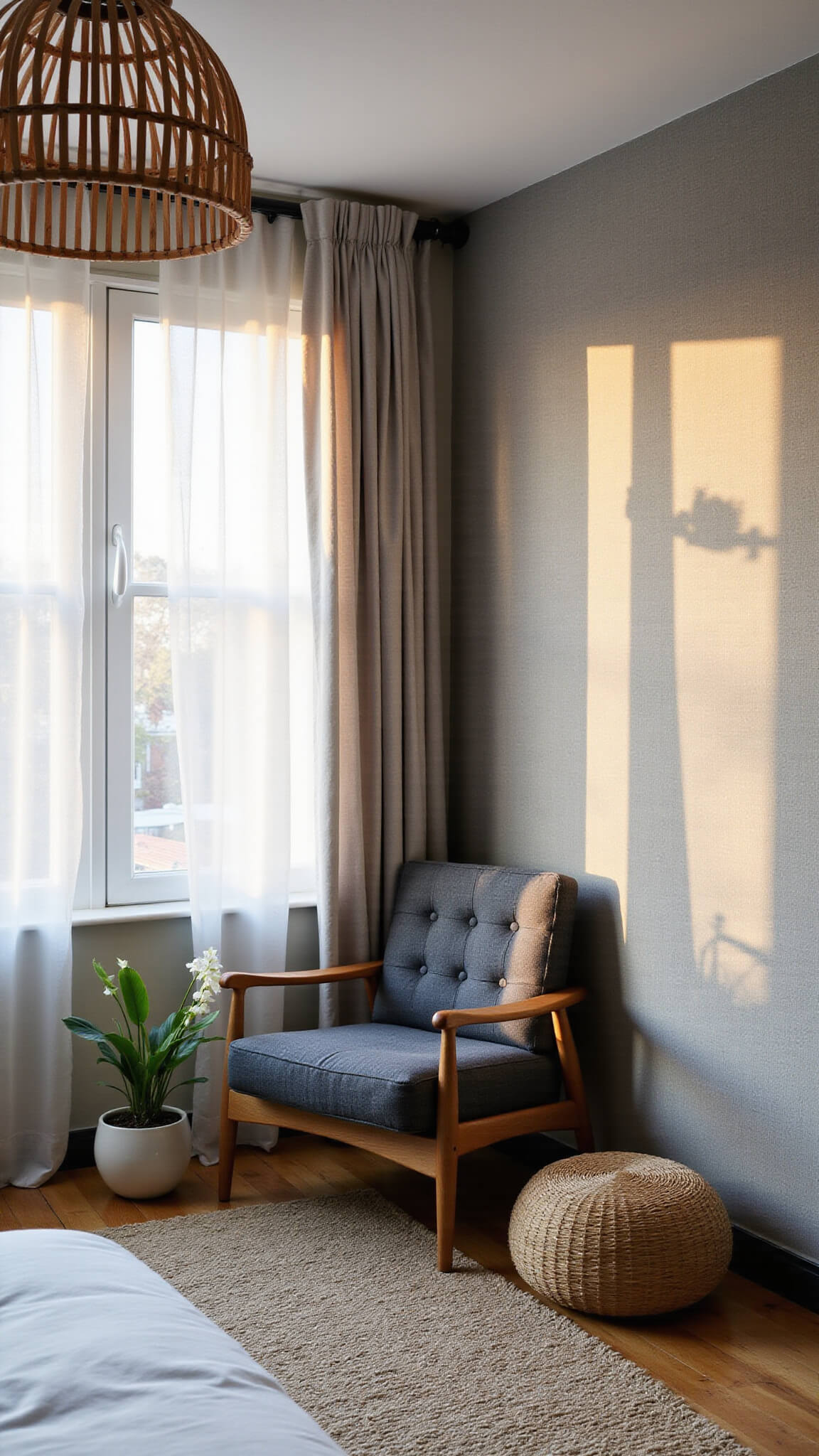 Cozy modern 12x14ft bedroom reading nook with Japandi chair, grasscloth wallpaper, rattan pendant light, and warm golden hour lighting.
