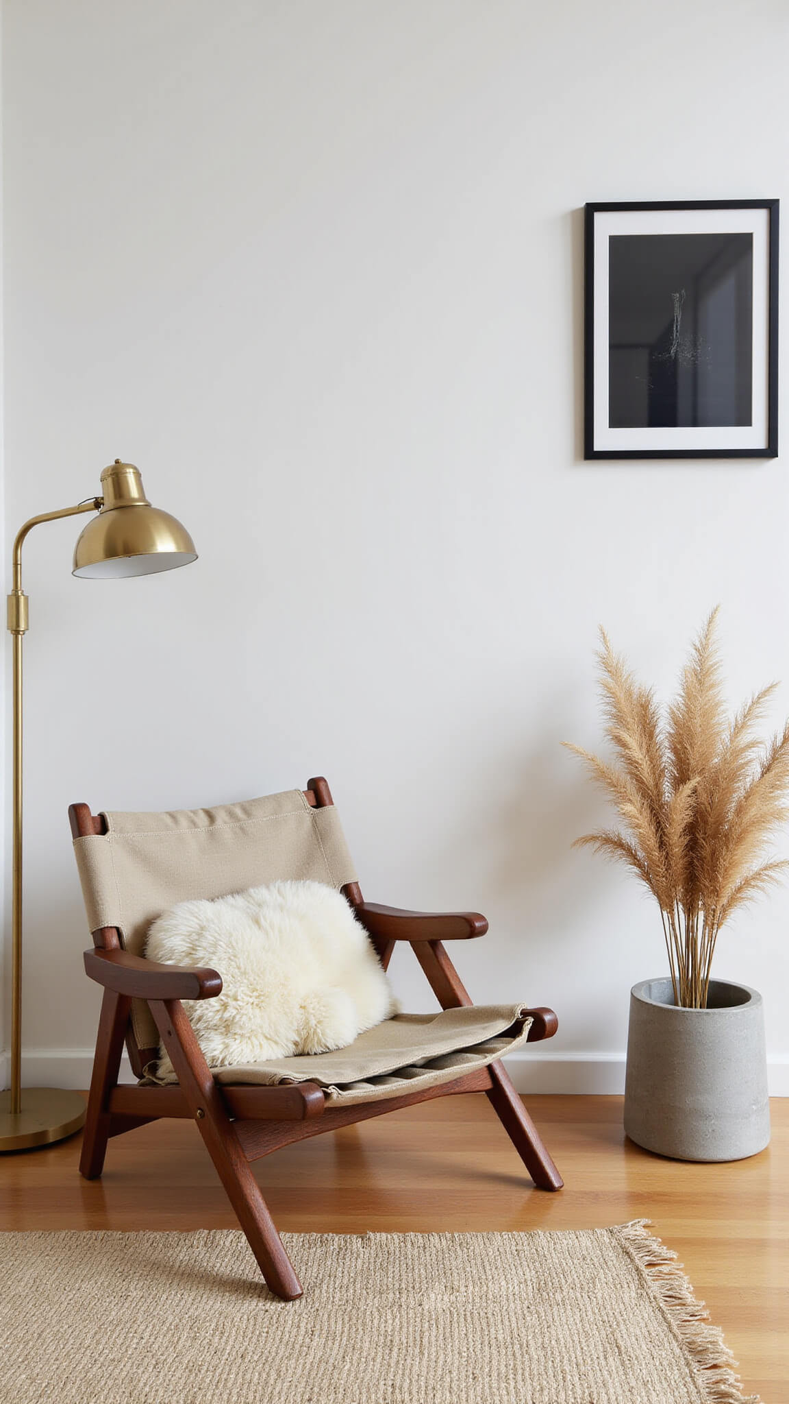 Compact 10x12ft studio with Japandi chair, brass lamp, sisal and sheepskin rug, minimalist art, and pampas in concrete planter, shot in soft midday light.
