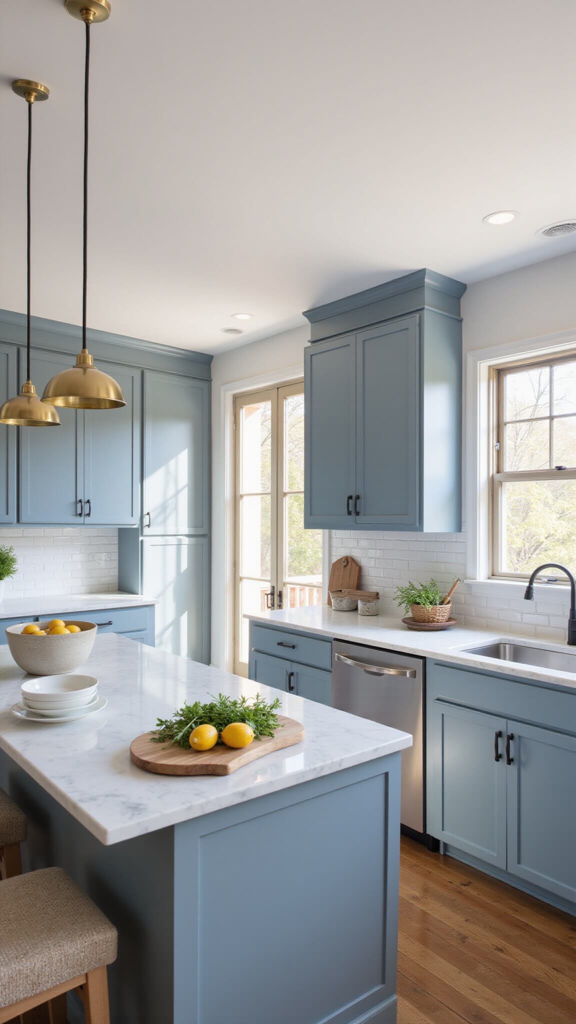 Spacious kitchen with blue-grey cabinets, white marble countertops, vaulted ceilings, and morning light streaming through large windows; central island with brass pendant lights, wooden cutting board with herbs, white plates, and bowl of lemons.