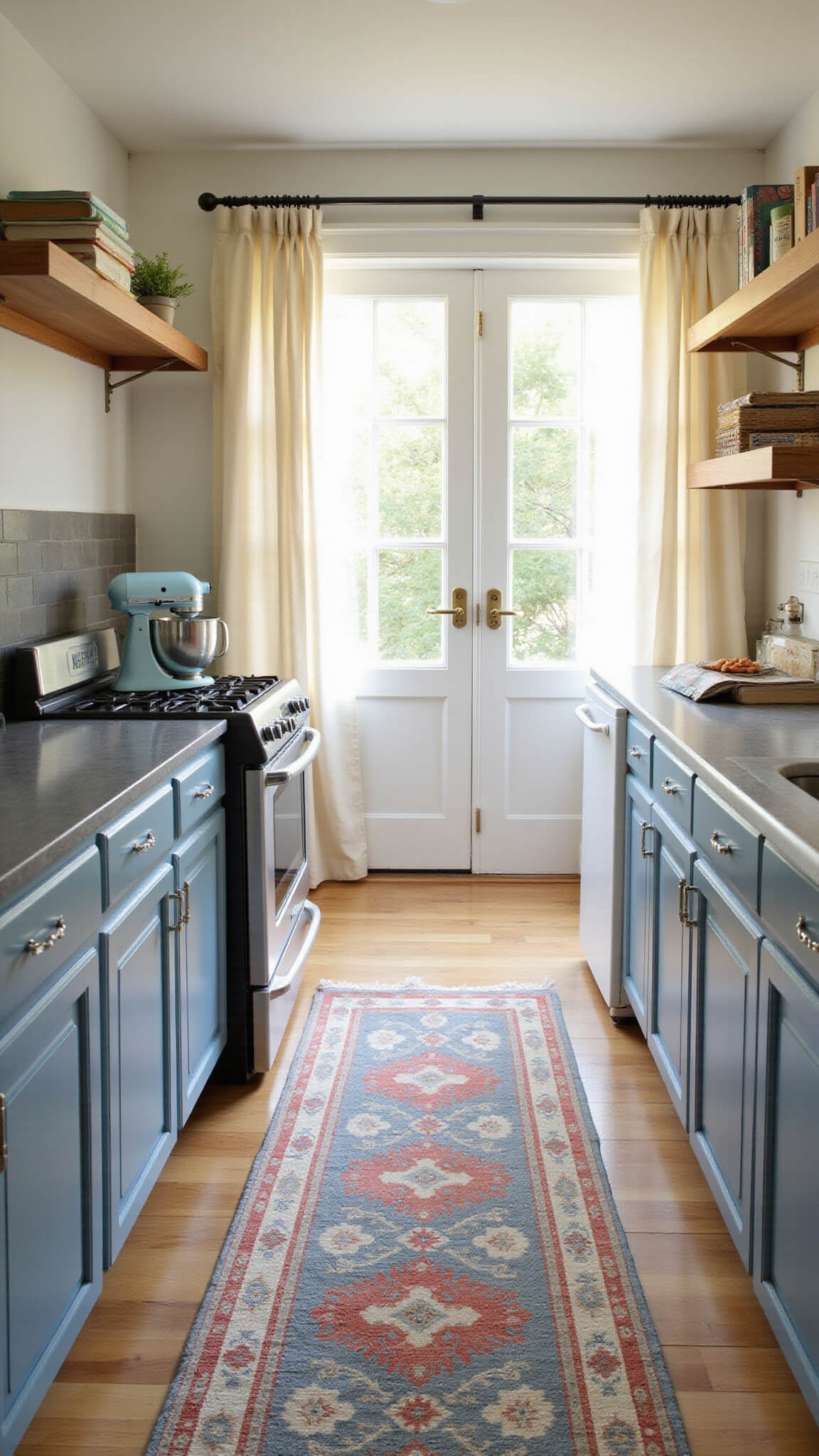 Cozy galley kitchen with blue-grey cabinets, warm golden hour lighting, vintage rug on light wood floors, pale blue mixer on counter beside cookbooks, and open shelving above textured slate grey backsplash.