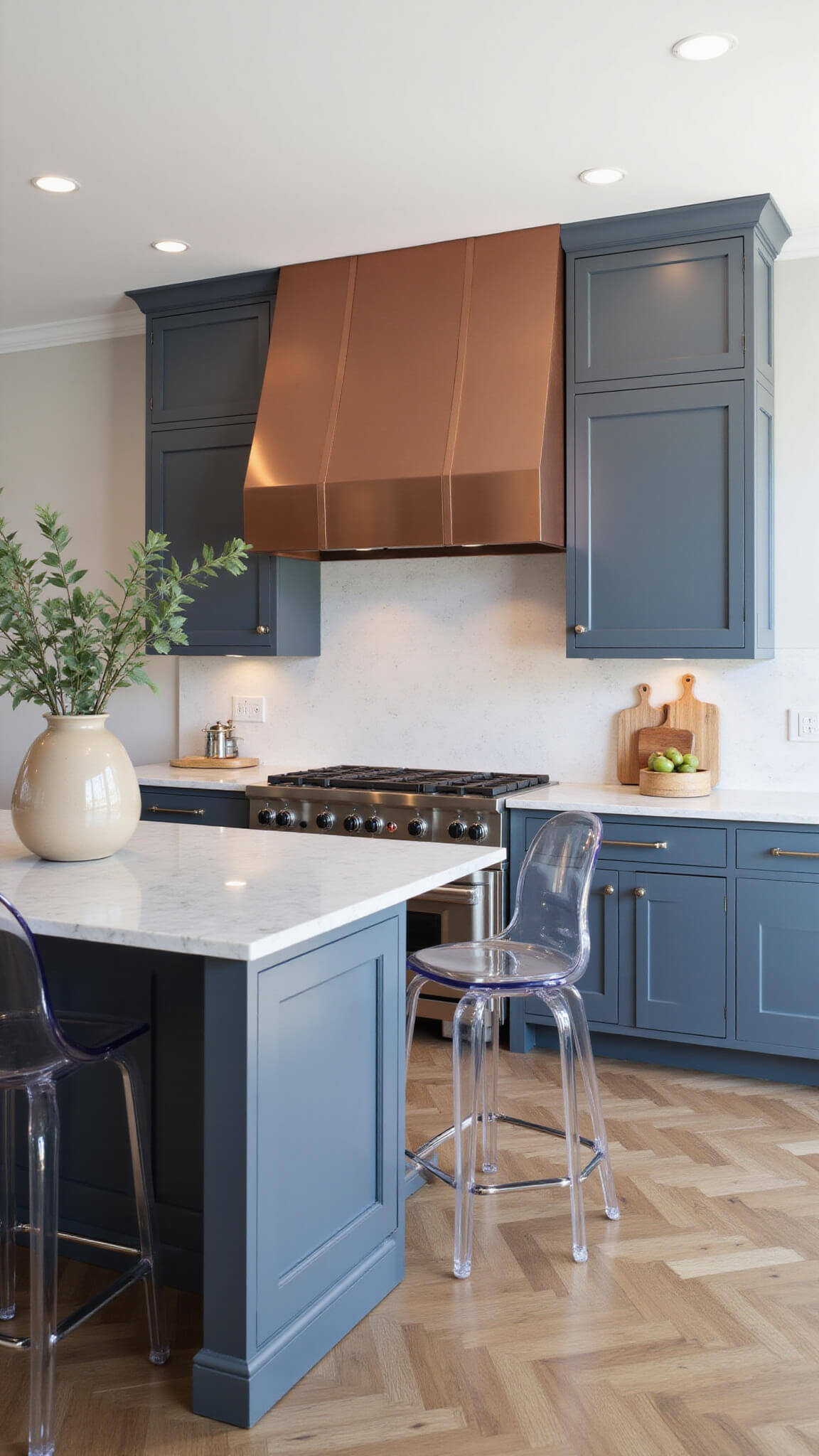 Elegant open-concept kitchen with blue-grey cabinets, quartz island, copper range hood, and modern lucite barstools under warm recessed lighting.