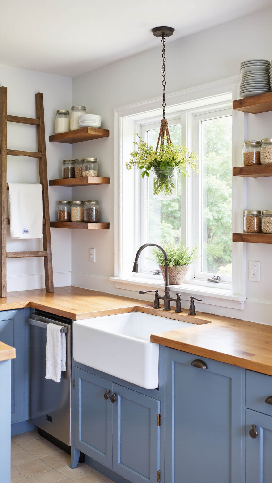 Farmhouse kitchen with blue-grey shaker cabinets, butcher block countertops, white apron sink, open shelves with vintage pottery, and fresh flowers on the windowsill.