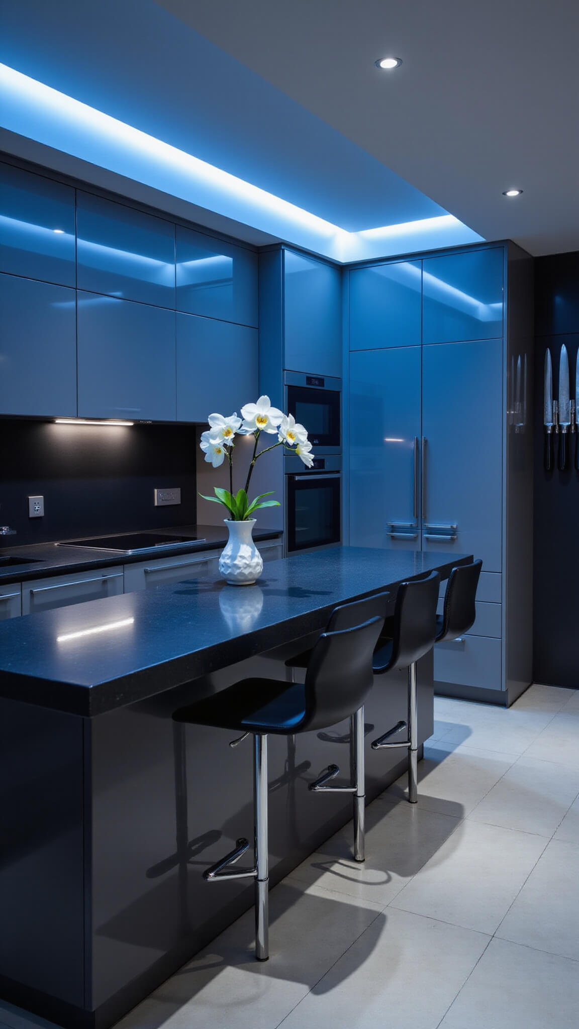 Low-angle view of a sleek, ultra-modern 13x15ft kitchen with glossy blue-grey cabinets, matte black countertops, a floating island with waterfall edge, cool LED strip lighting, and stainless steel appliances.