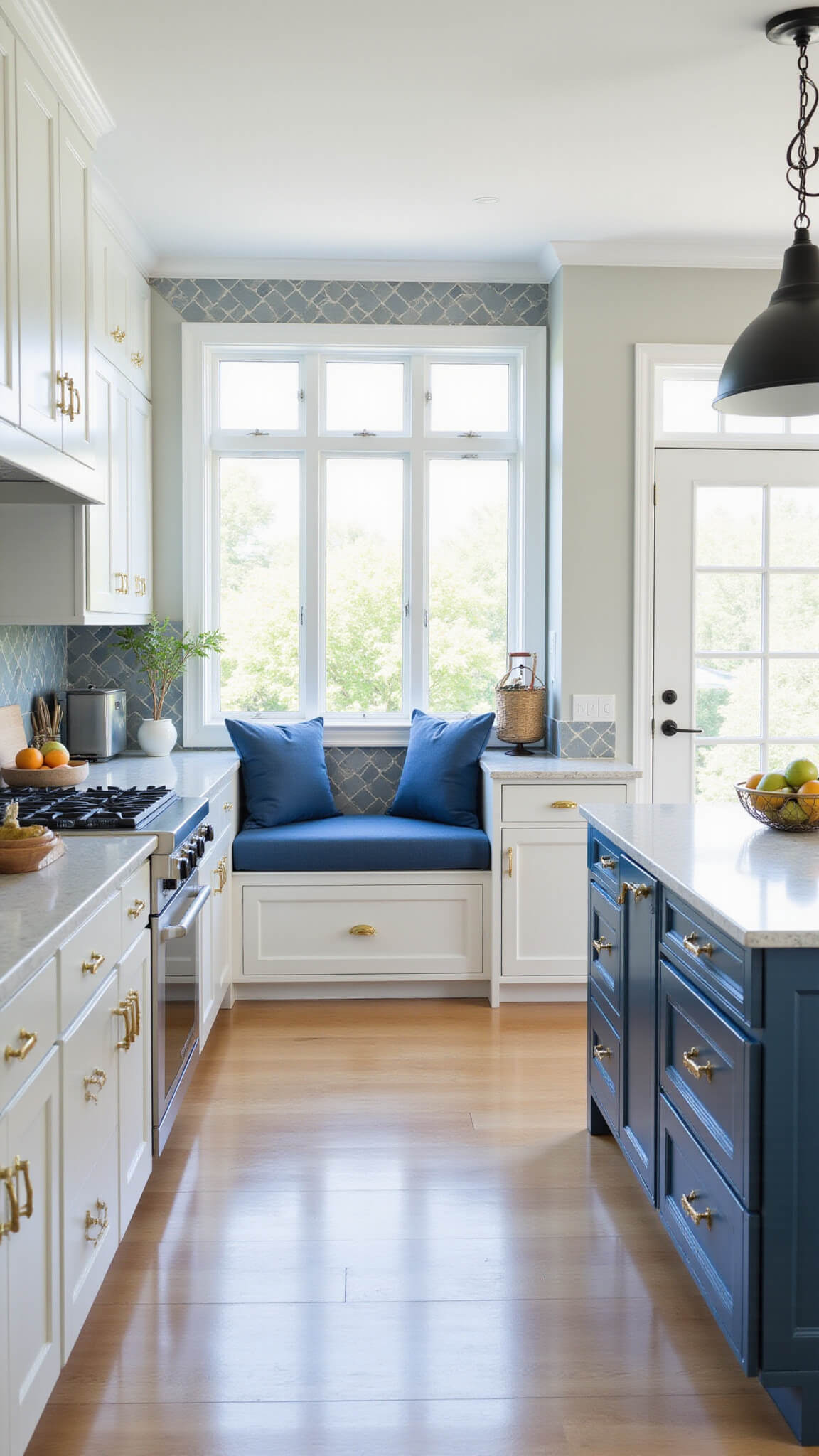 Bright transitional kitchen with blue-grey lower cabinets, white uppers, gold hardware, grey herringbone backsplash, and sunlit window seat with blue cushions.
