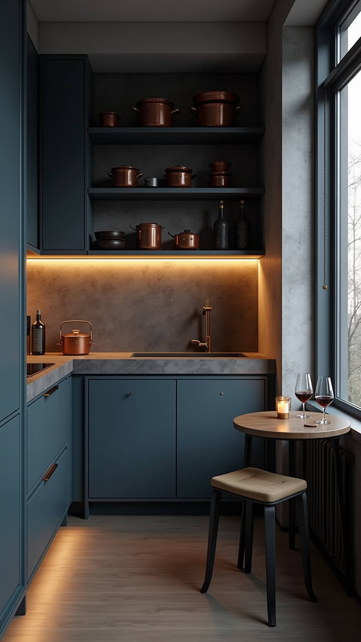 Close-up of moody urban kitchen with blue-grey cabinets, concrete countertop, copper cookware on open shelves, and warm under-cabinet lighting at twilight.