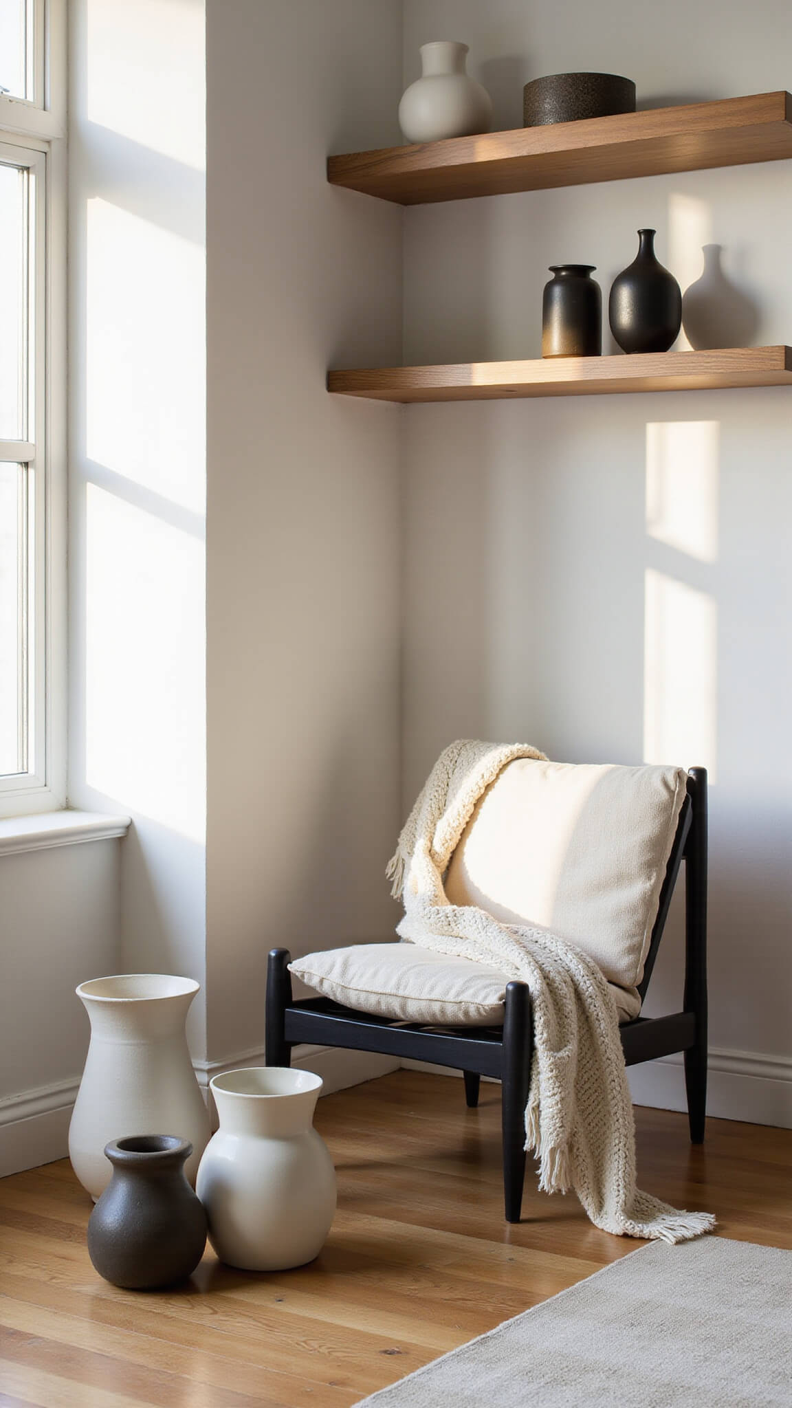 Low-angle view of a sunlit Japandi-style living corner featuring a natural linen chair with black wood frame, ivory knit throw, oversized ceramic vessels, and floating oak shelves with minimal decor in warm white and pale wood tones.