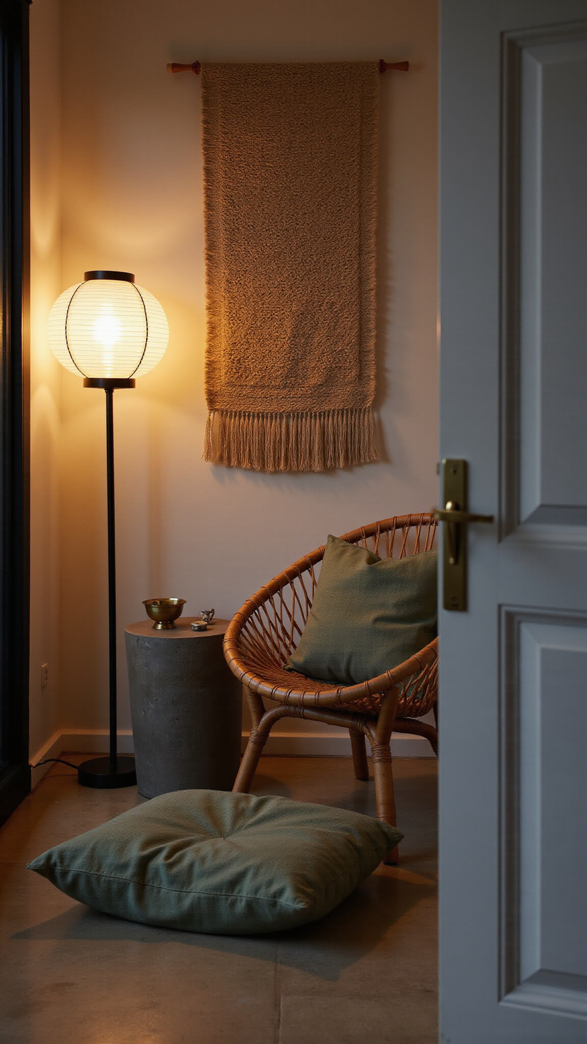 Moody dusk-lit 8x10ft bedroom sitting area with Japandi rattan chair, concrete side table, sage green floor cushion, and neutral handwoven wall hanging.