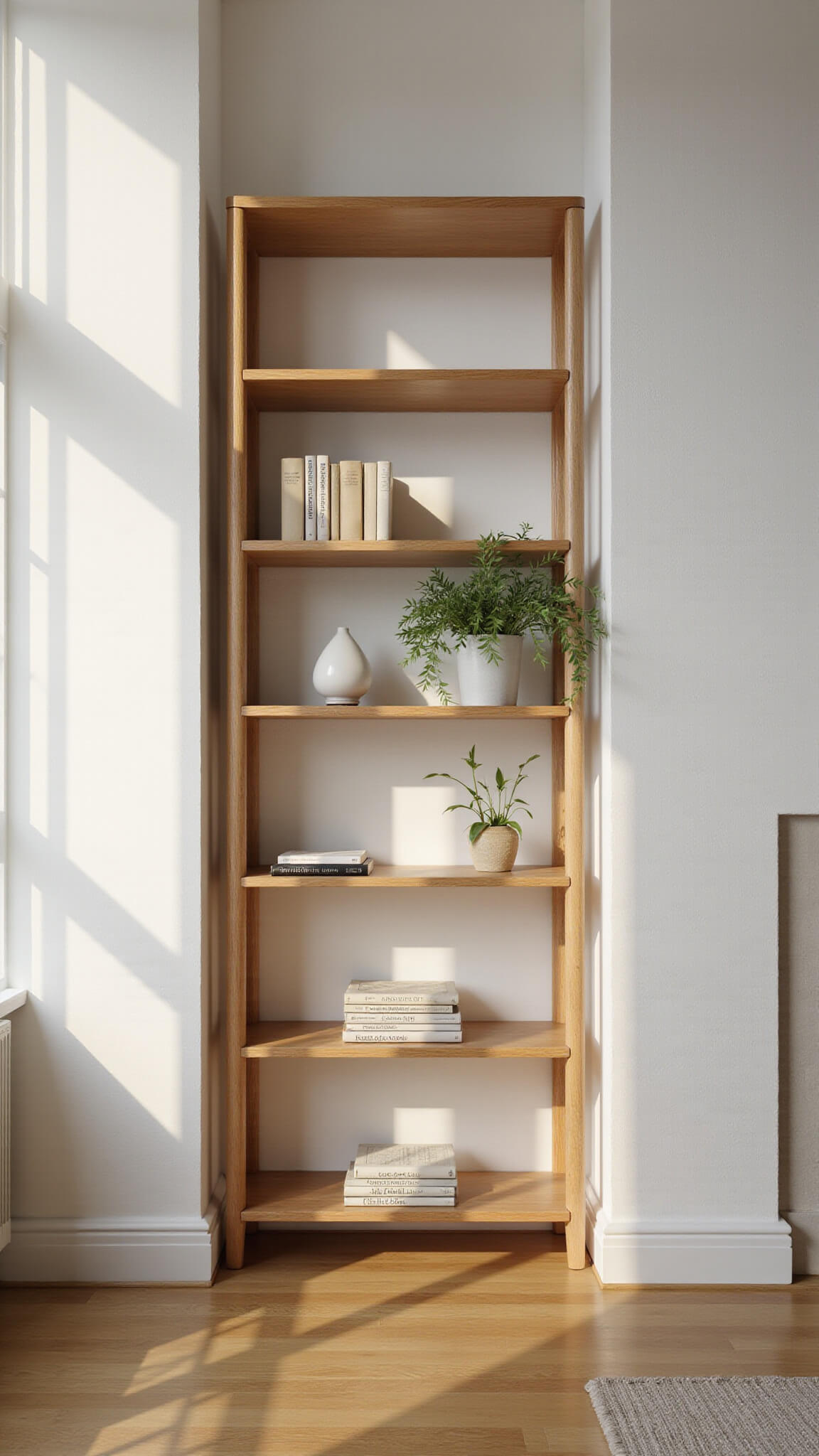 Low-angle view of a bright Japandi-style living room with a 6-tier light oak bookshelf, minimal decor, and morning sunlight filtering through sheer curtains.
