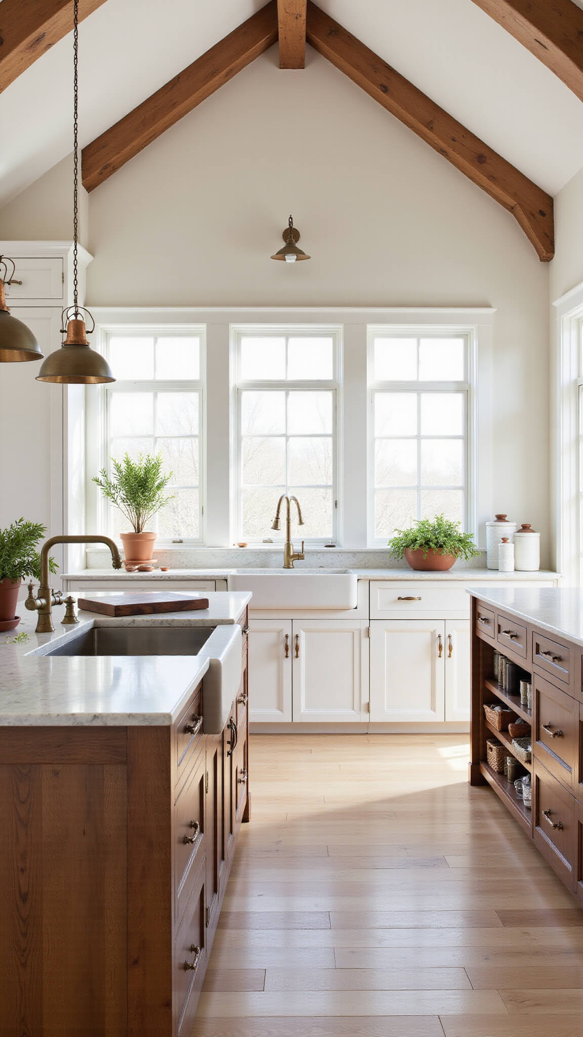 Spacious kitchen with vaulted ceilings, white shaker cabinets, walnut island, marble countertops, and morning sunlight streaming through large windows.