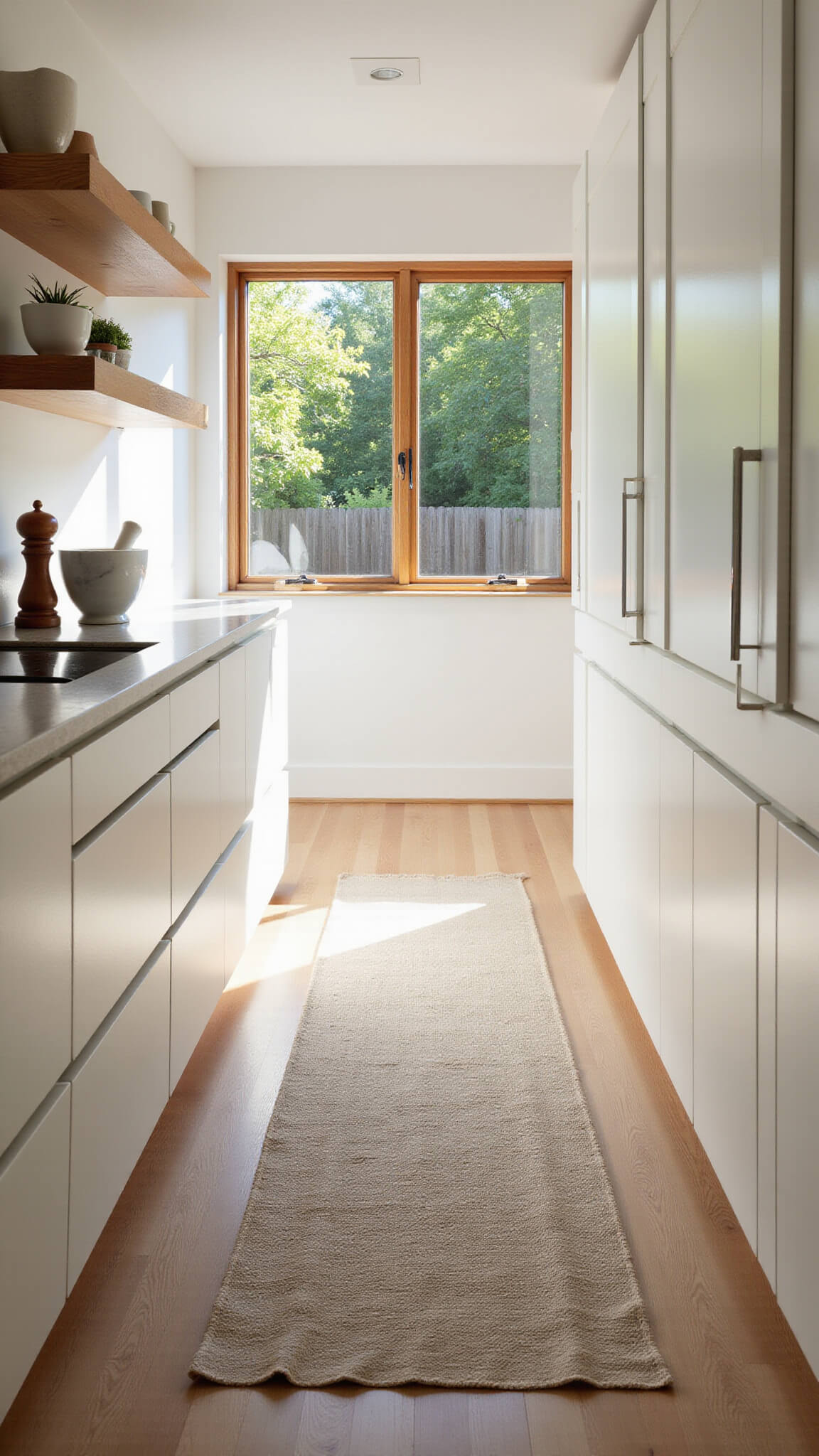 Scandinavian-style galley kitchen with white cabinets, wooden shelves, artisanal pottery, and warm afternoon light filtering through a window above the sink.