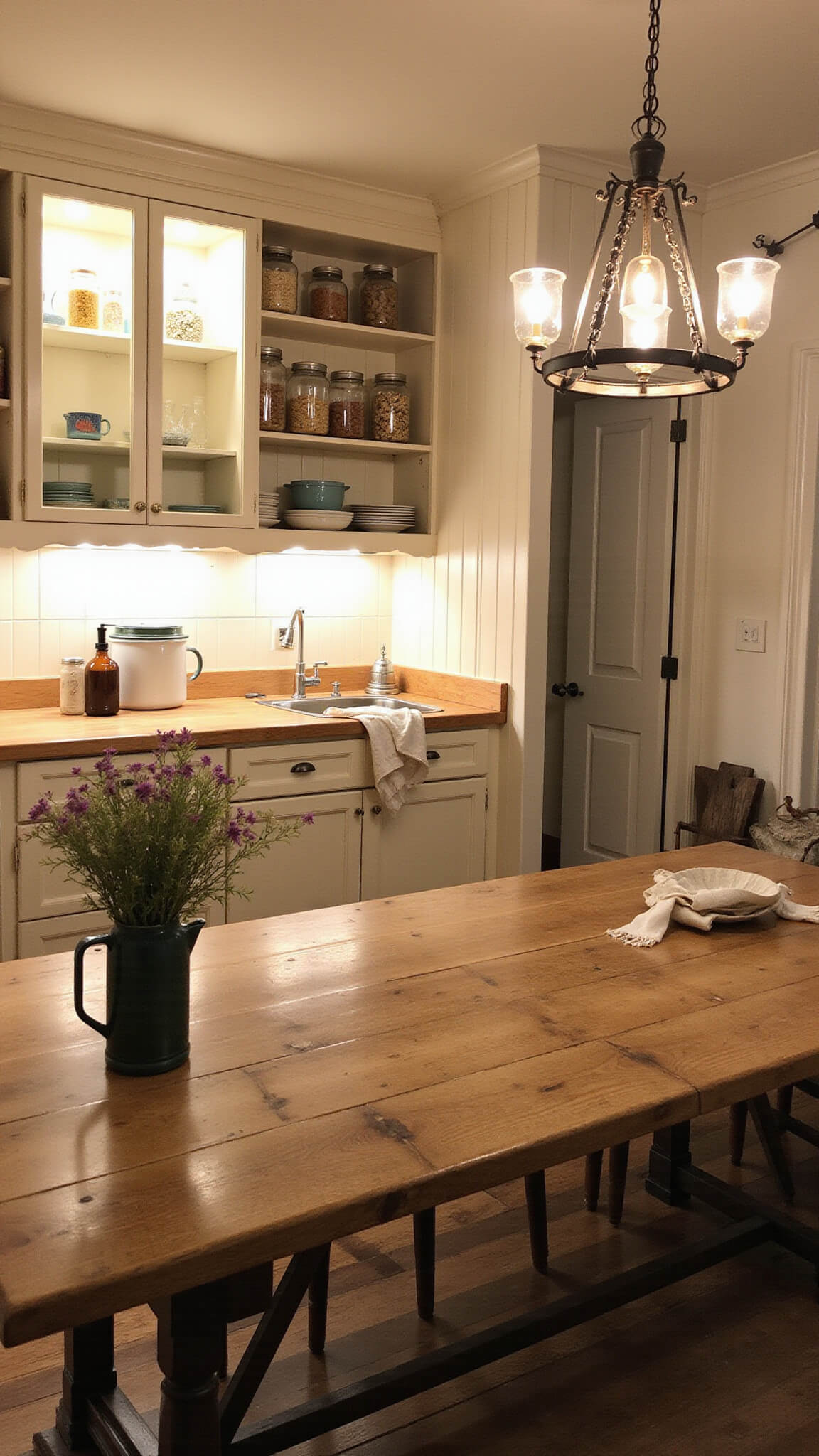 Cozy 11x13ft cottage kitchen with beadboard cabinets, butcher block countertops, under-cabinet lighting, vintage chandelier, open shelving with enamelware and Mason jars, and a farmhouse table with wildflowers at twilight.