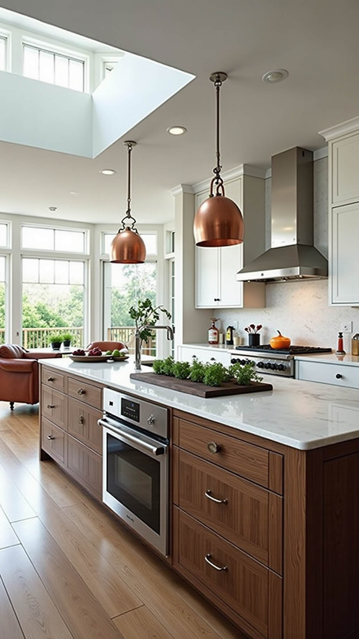 Wide-angle view of a sunlit 16x18ft chef's kitchen with white cabinetry, dark oak island, stainless steel appliances, hanging copper pots, and a leather armchair nook.