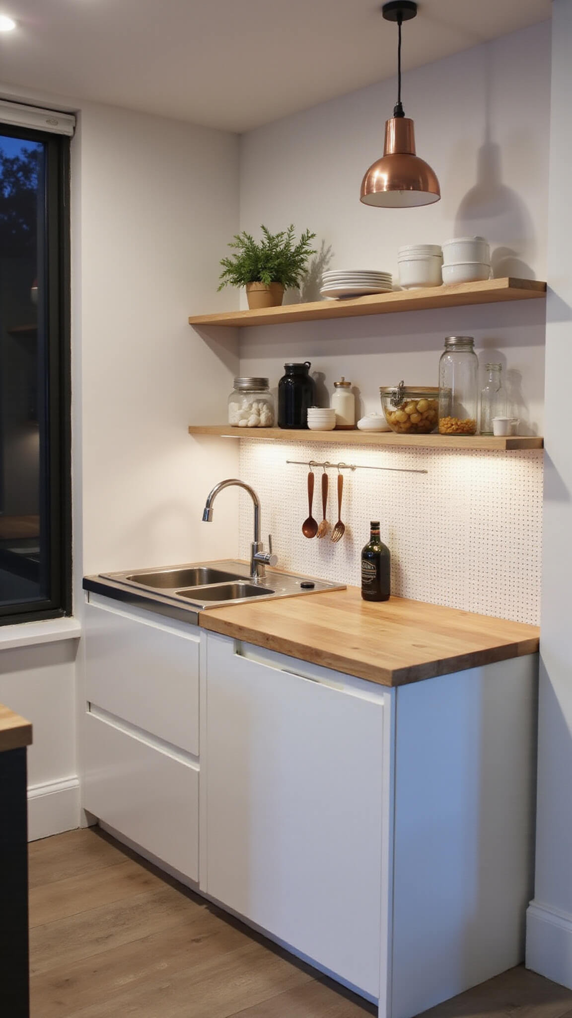 Cozy 9x11ft urban kitchen at dusk with white cabinets, wood accents, under-cabinet lighting, and creative storage solutions.