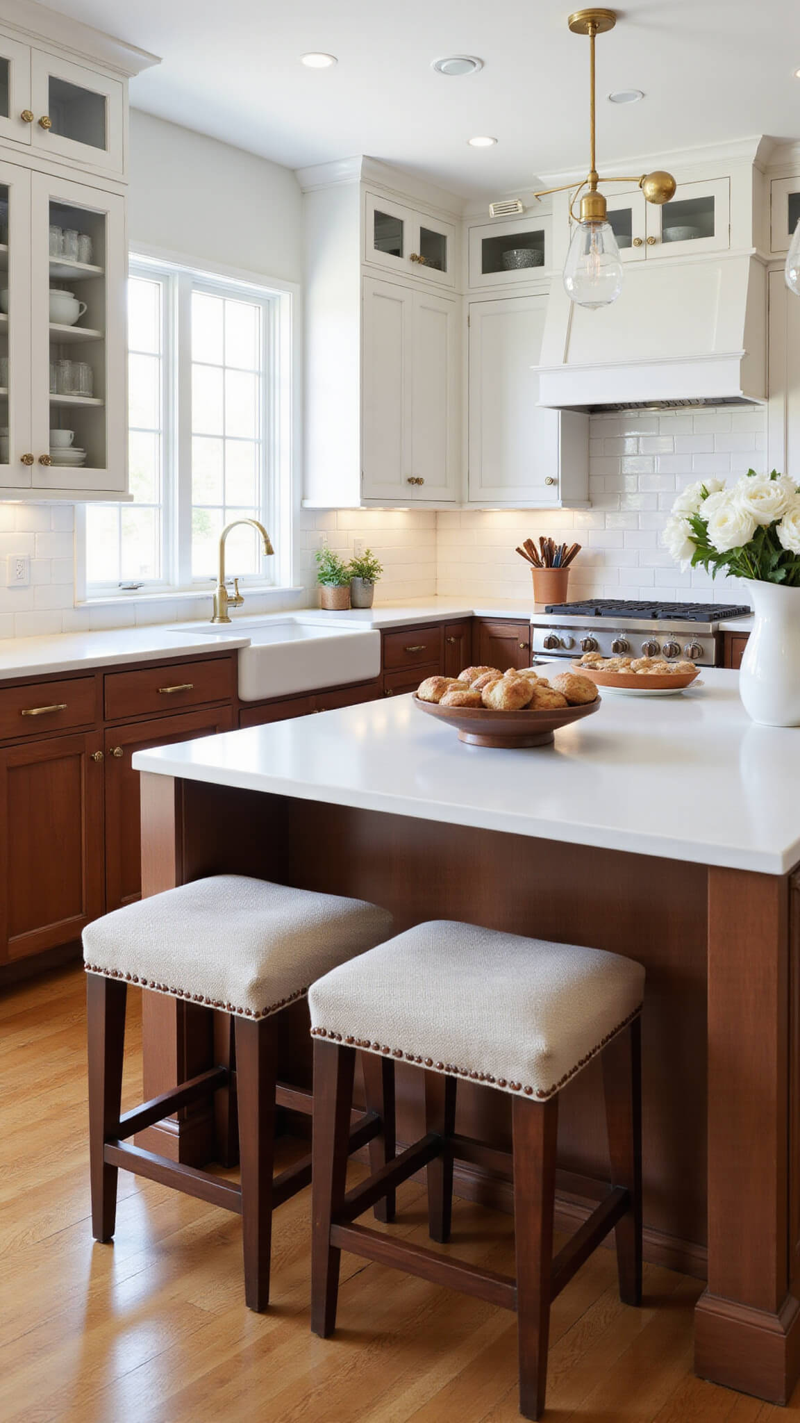 Transitional kitchen with white and cherry cabinets, central island with quartz top, brass hardware, baked goods on a cake stand, and peonies in a ceramic pitcher, bathed in soft afternoon light.