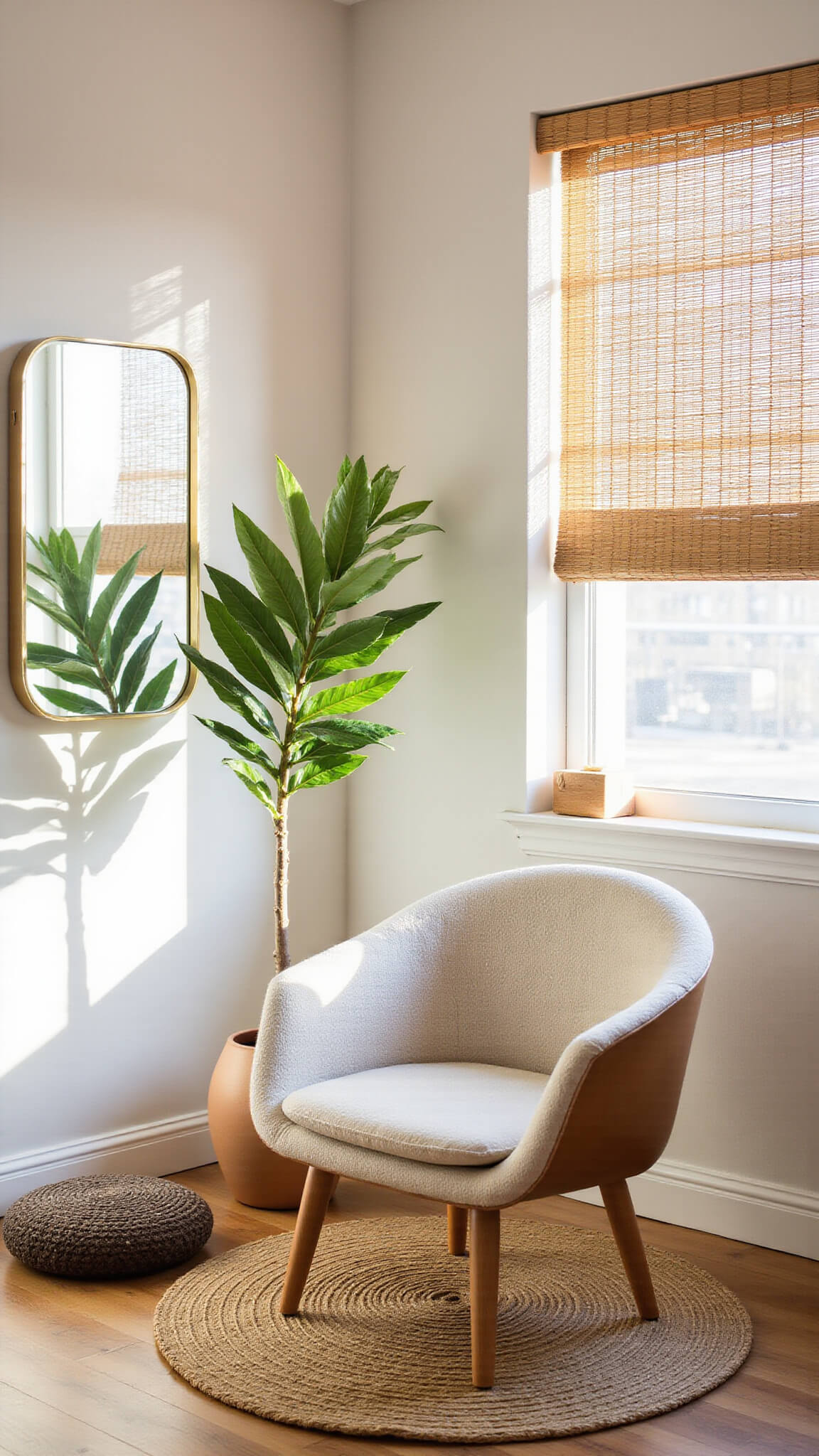 Sunlit meditation corner in 14x16ft living room with Japandi chair on jute rug, bamboo light patterns, brass mirror, palm frond in ceramic vase, and meditation cushion.