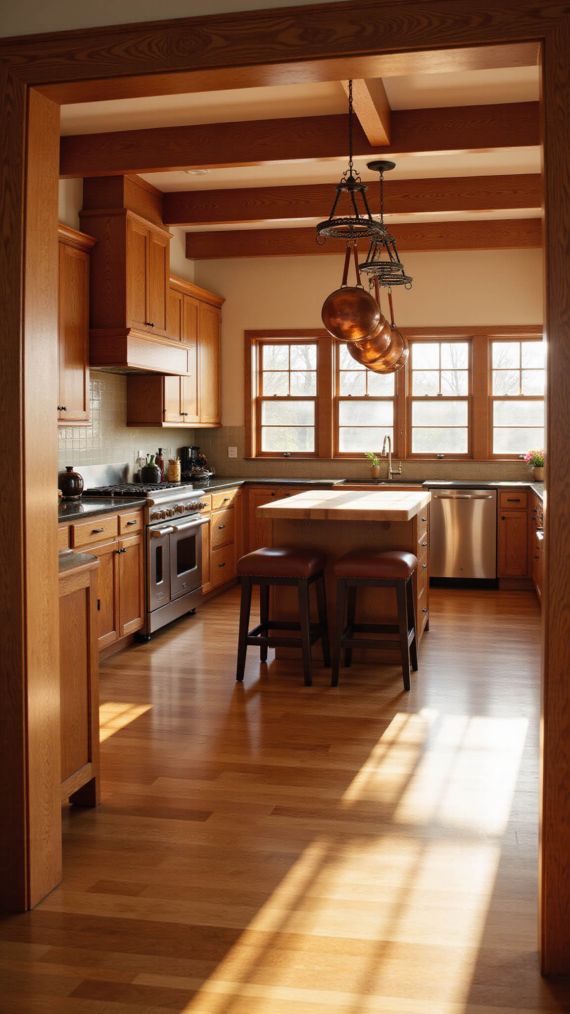 Warm, sunlit 12x15ft kitchen with red oak cabinets, central butcher block island, leather bar stools, stainless steel appliances, and hanging copper pots.