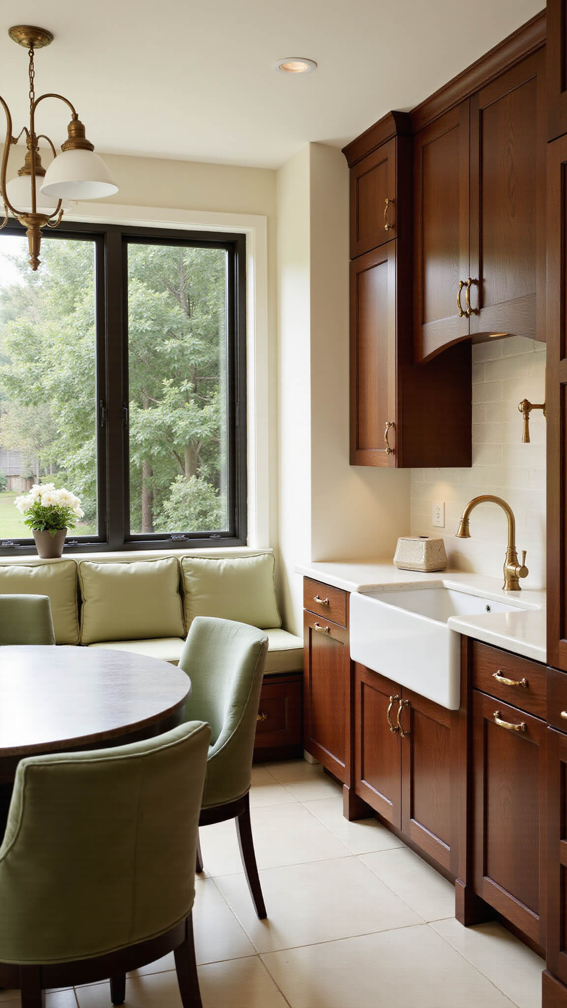 Elegant kitchen nook with dark walnut-stained red oak cabinets, white quartz countertops, sage green chairs, brass accents, and soft morning light streaming through a large window.