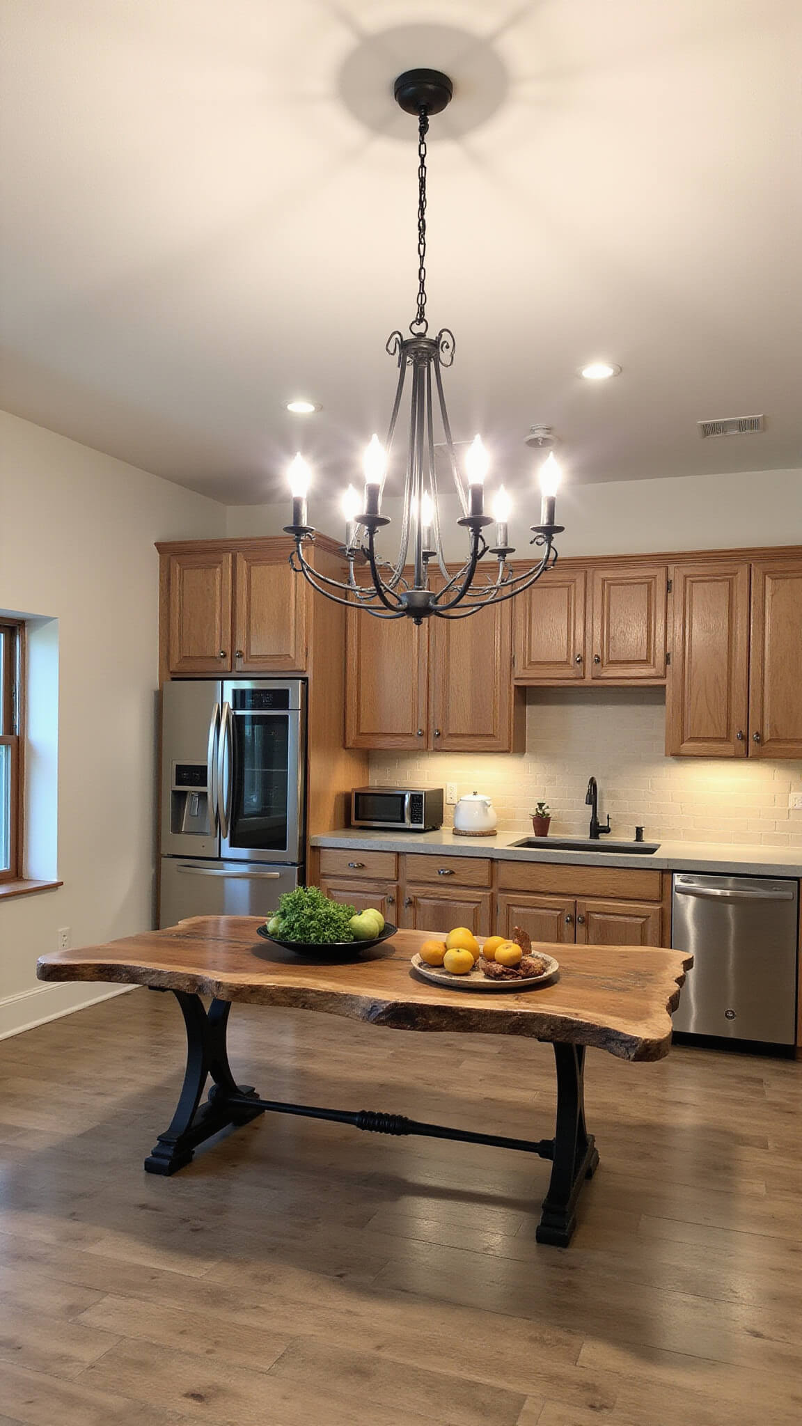 Bird's-eye view of a rustic 14x16ft open-concept kitchen and dining area with knotty red oak cabinets, concrete countertops, a live-edge wood dining table, and warm lighting from recessed fixtures and an iron chandelier.