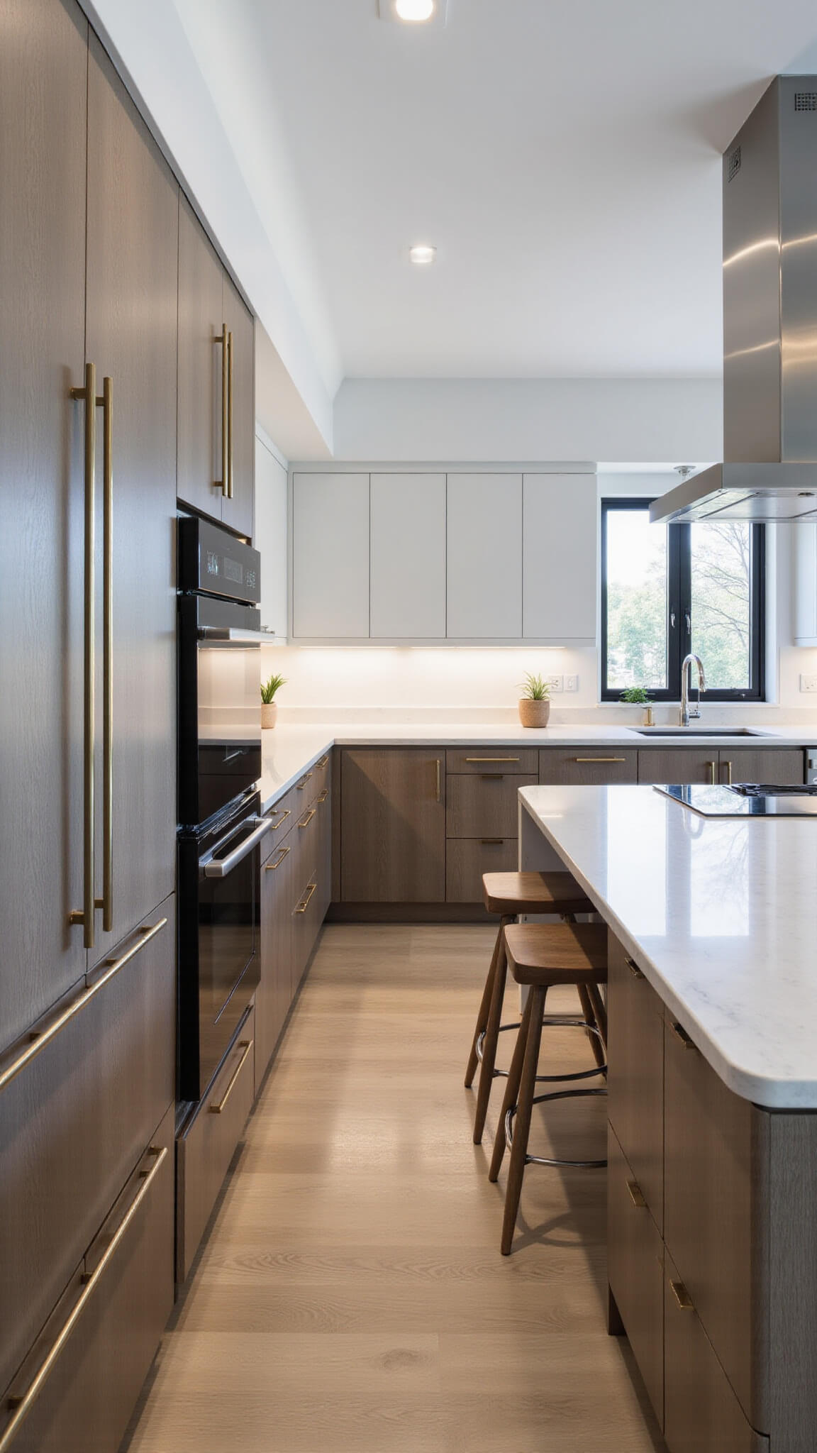 Modern 11x13ft galley kitchen with grey-washed red oak cabinets, high-gloss white uppers, marble waterfall island, minimalist stools, and integrated appliances under cool LED lighting.