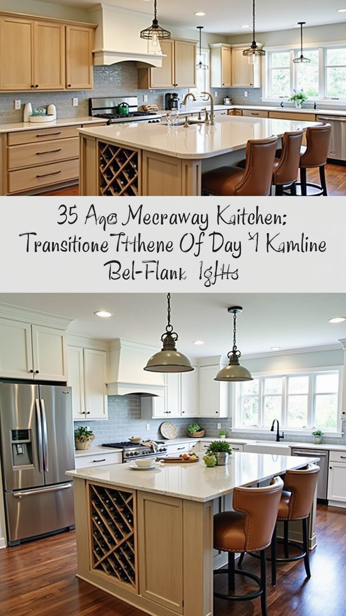 Transitional 13x15ft kitchen with honey-stained red oak and white cabinets, grey subway tile backsplash, large island with wine rack and prep sink, and leather wood bar stools under pendant lighting.