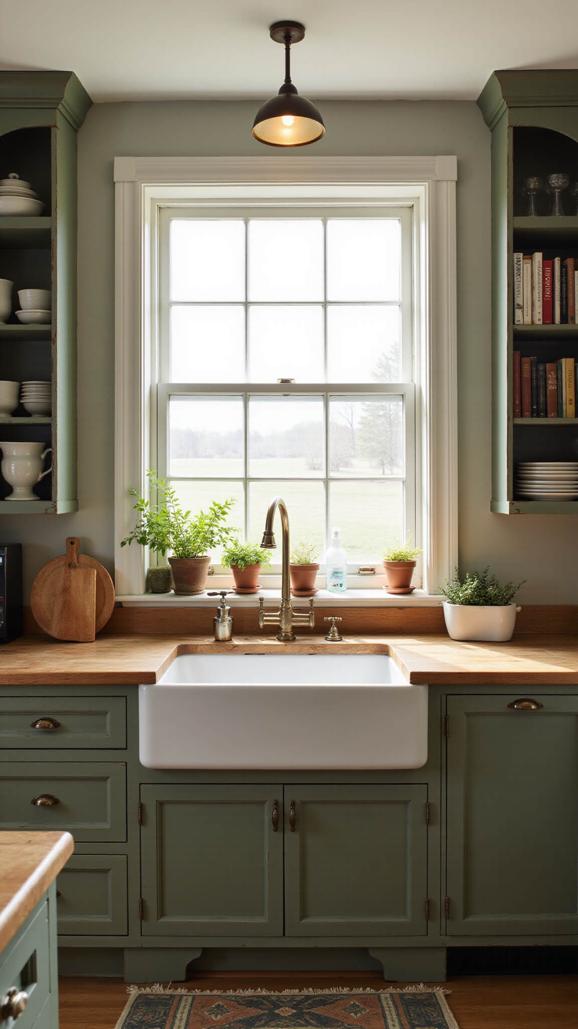Cozy 9x11ft cottage kitchen with sage green distressed red oak cabinets, farmhouse sink, butcher block countertops, open shelves with pottery and cookbooks, potted herbs on bay window, and warm light from sconces and window.