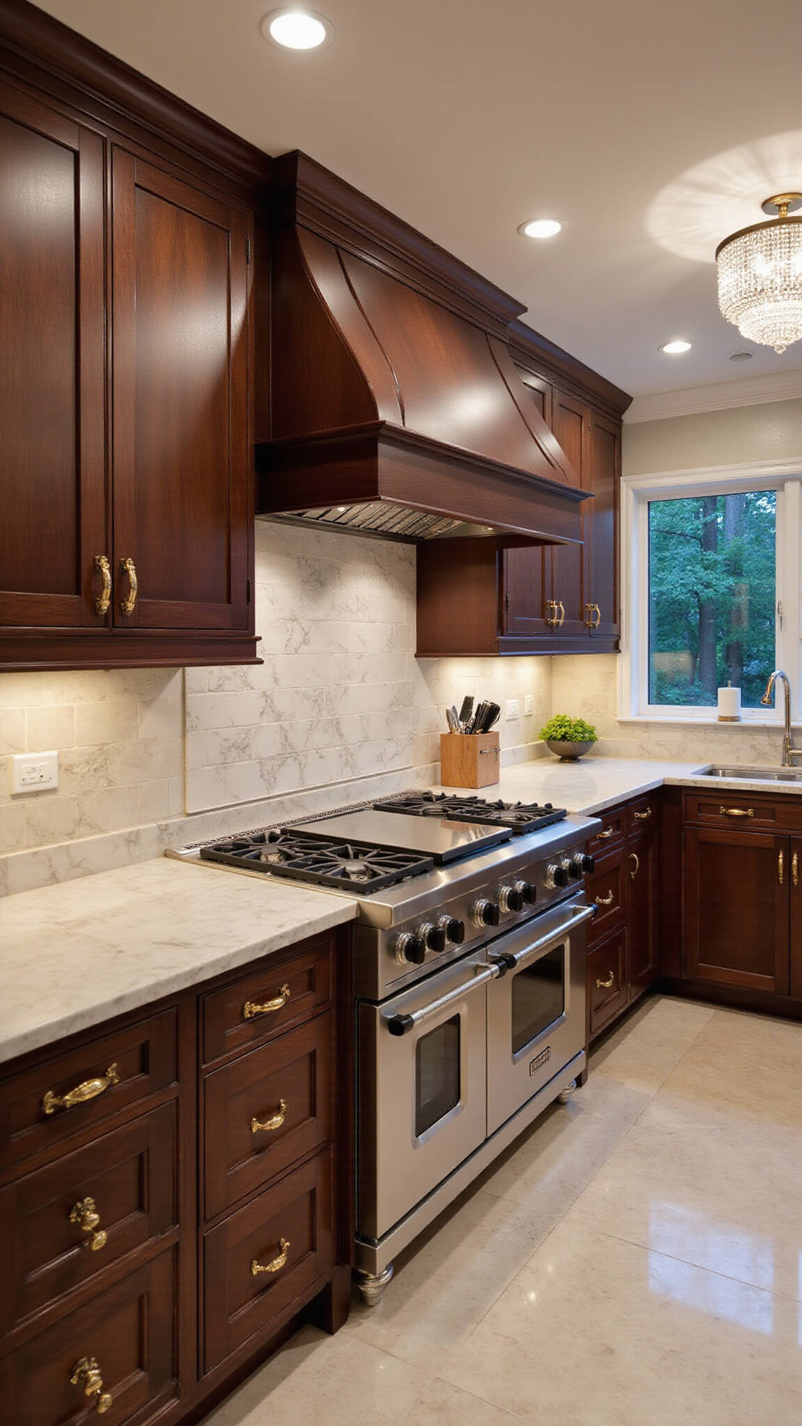 Luxurious 15x18ft chef's kitchen with espresso red oak cabinets, Calacatta marble surfaces, twin islands, crystal chandelier, and professional-grade range.