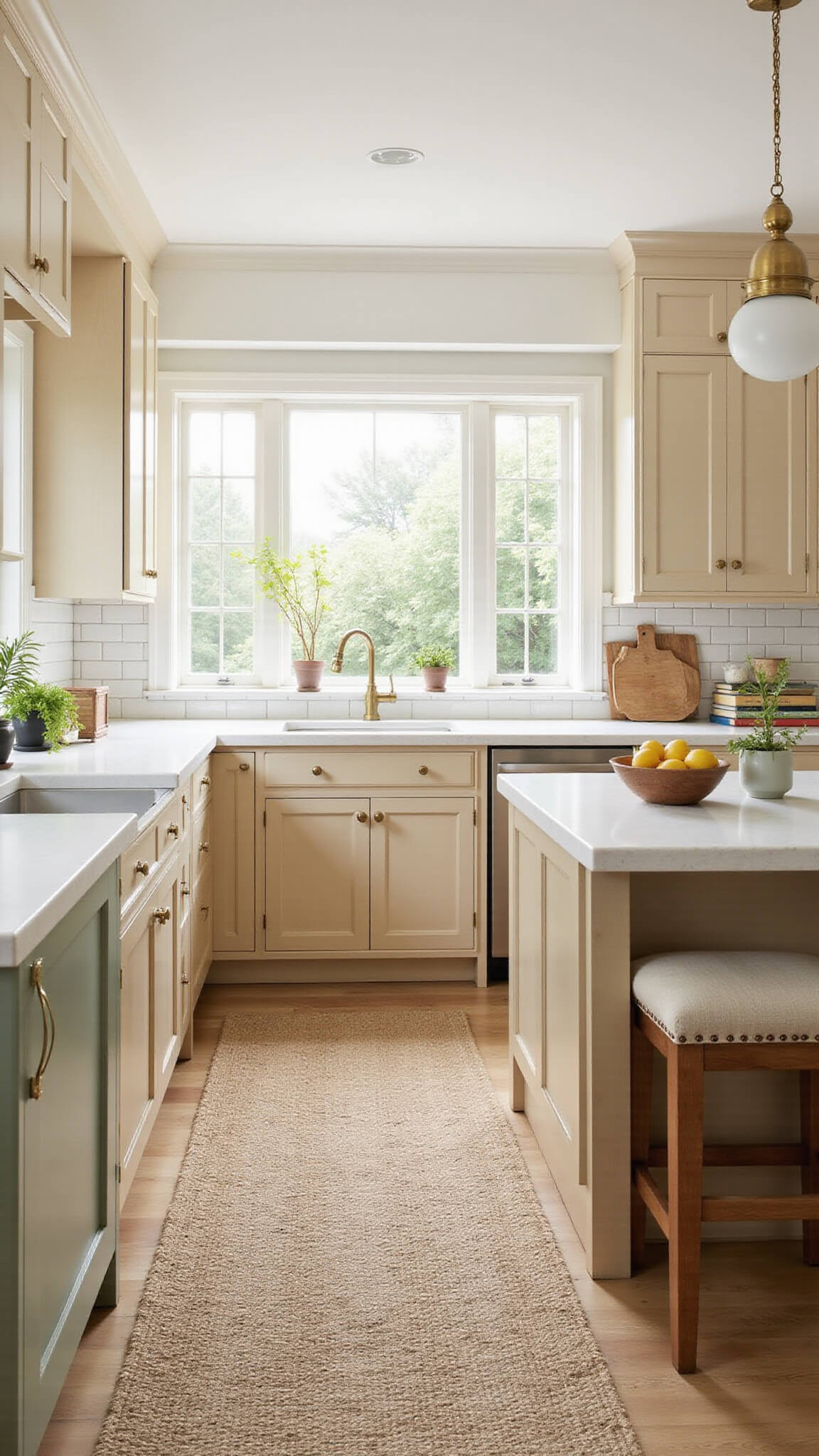 L-shaped kitchen with pale oak cabinets, creamy white quartz countertops, and a large island under brass pendant lights, styled with lemons, herbs, and cookbooks, bathed in soft morning light through large windows.
