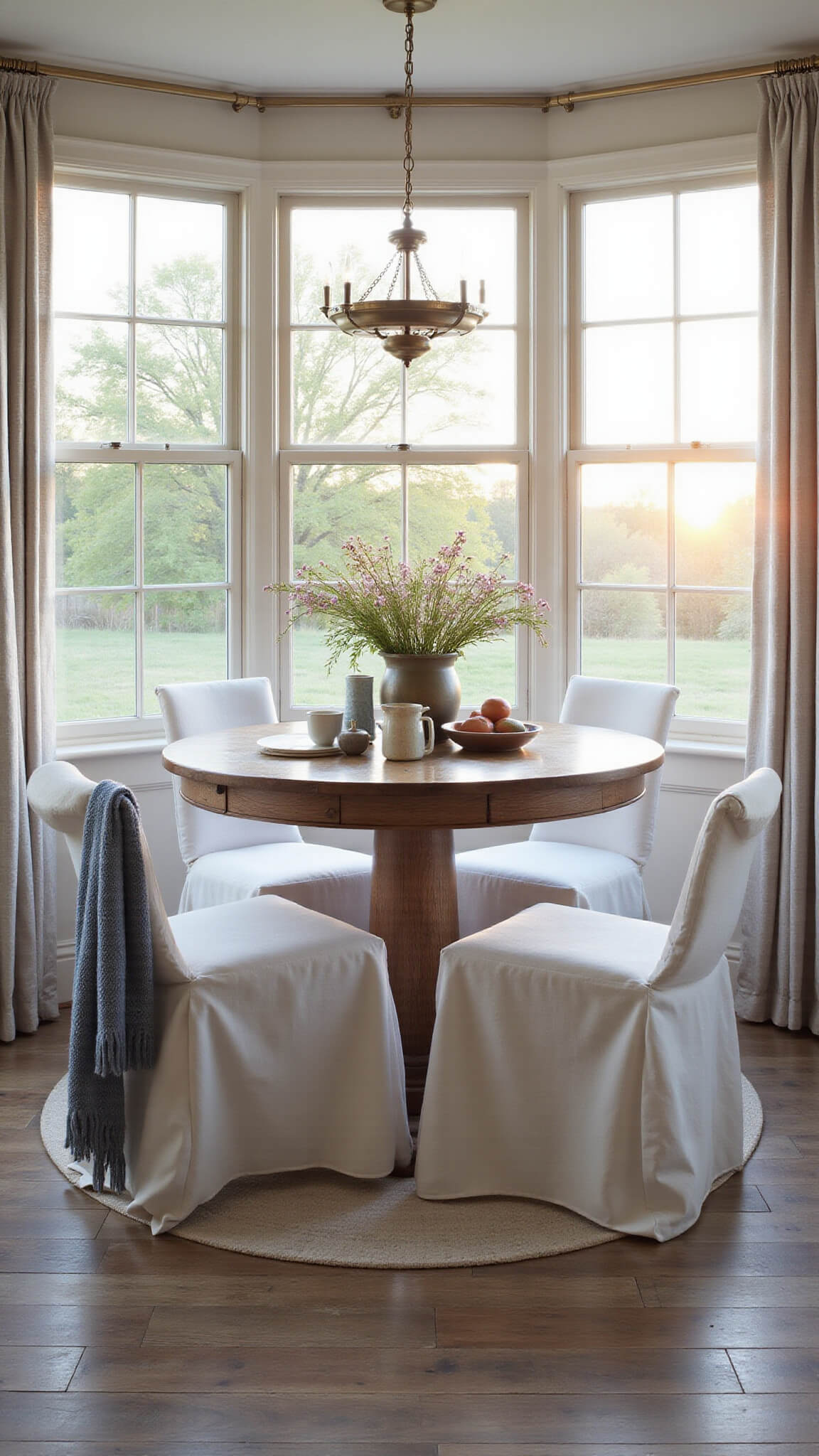 Cozy breakfast nook with round oak table, white slip-covered chairs, vintage brass chandelier, and garden view through sheer-curtained windows in golden hour light.