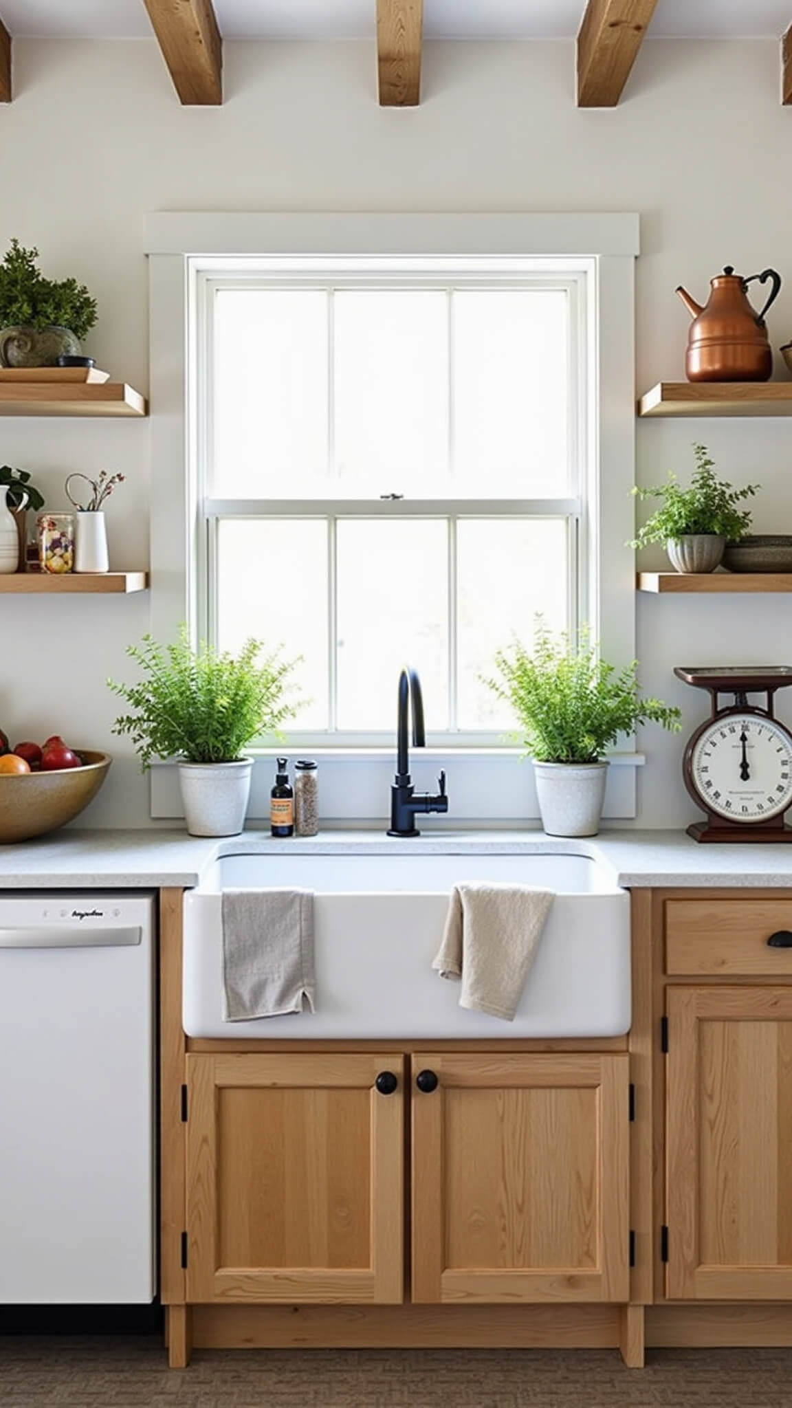 Modern farmhouse kitchen with pale oak cabinets, apron-front sink under a sunny window, open shelving, copper cookware, and patterned tile floor.