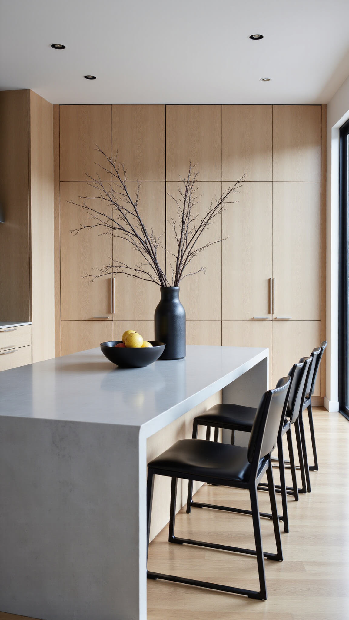 Minimalist 10x14 kitchen with pale oak cabinetry, grey concrete island, black bar stools, and subtle morning lighting highlighting wood grain.