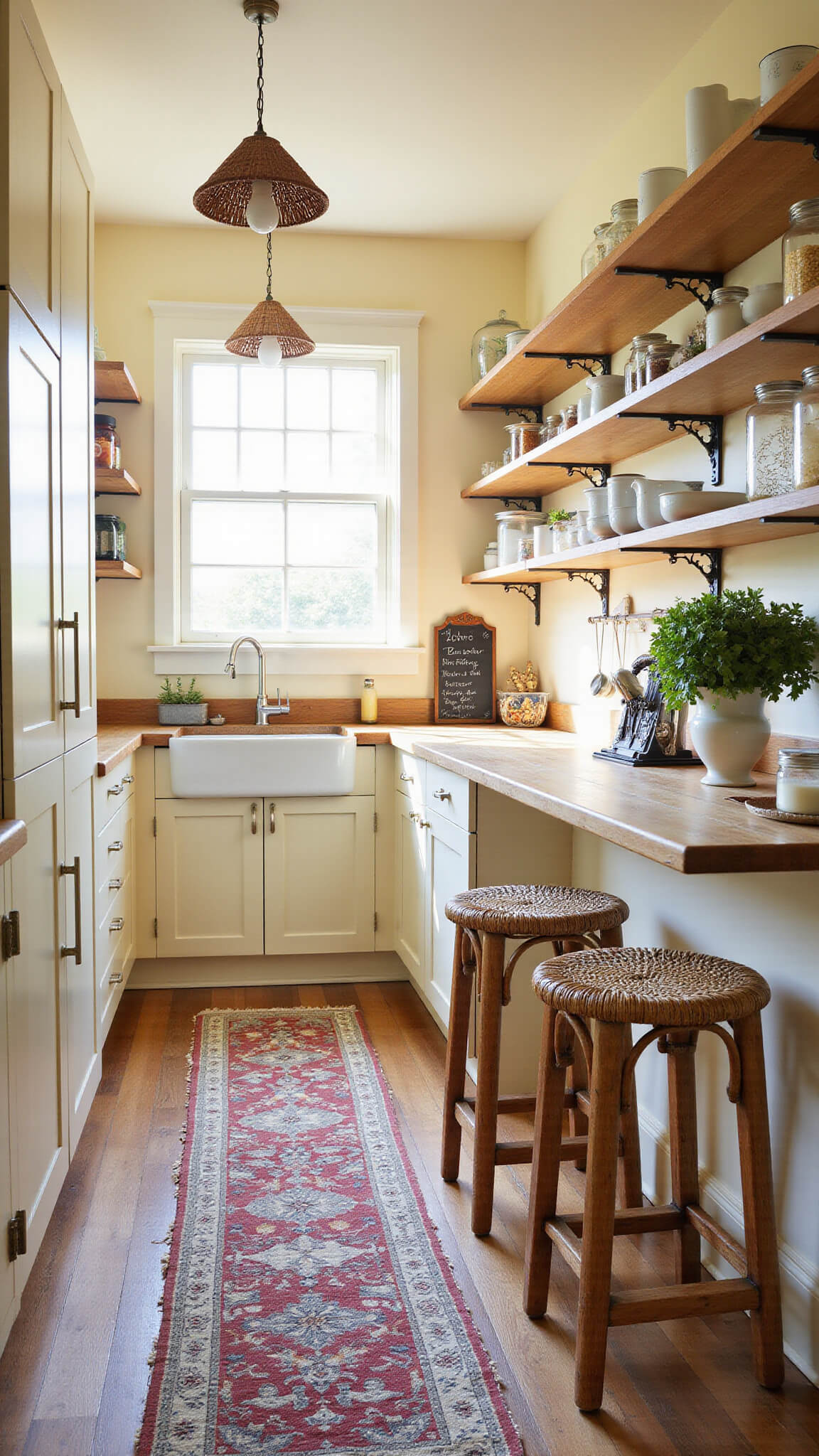 Cozy galley kitchen with pale oak cabinets, butcher block countertops, open shelving with white ceramics, small breakfast bar with rattan stools, vintage rug runner, hanging herb garden, and warm late afternoon sunlight streaming through a window.