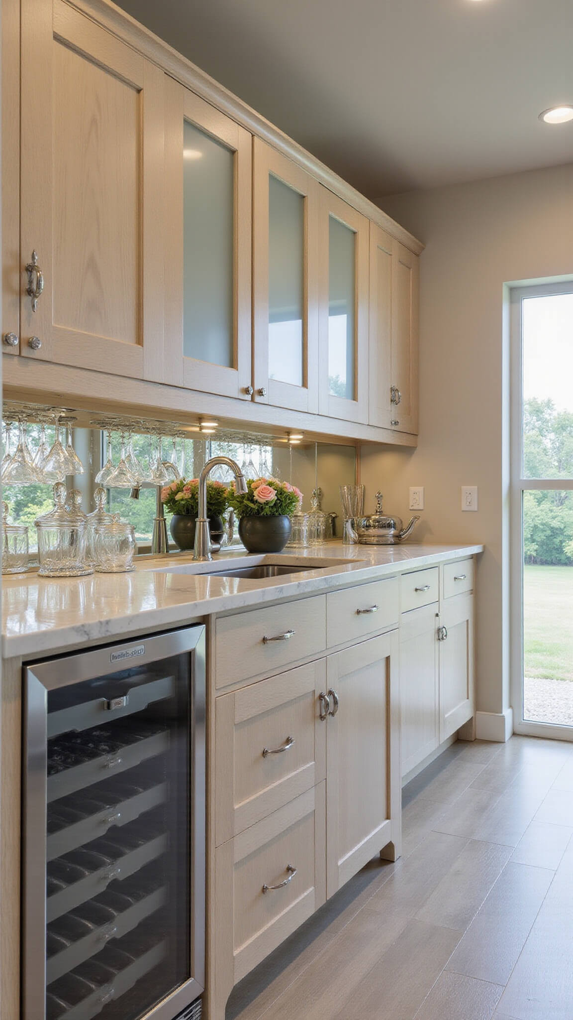 Elegant 6x10 butler's pantry with pale oak cabinetry, marble-topped island bar, antique mirror backsplashes, and soft afternoon light highlighting crystal and silver accents.