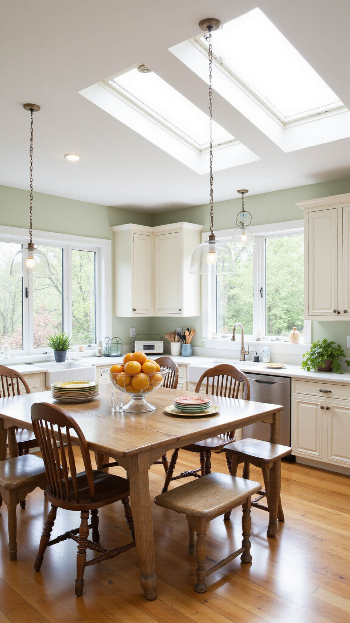 Bright eat-in kitchen with pale oak and white cabinets, farmhouse table with mixed seating, citrus bowl, colorful dishes, and succulents, sunlit through skylights and large windows.