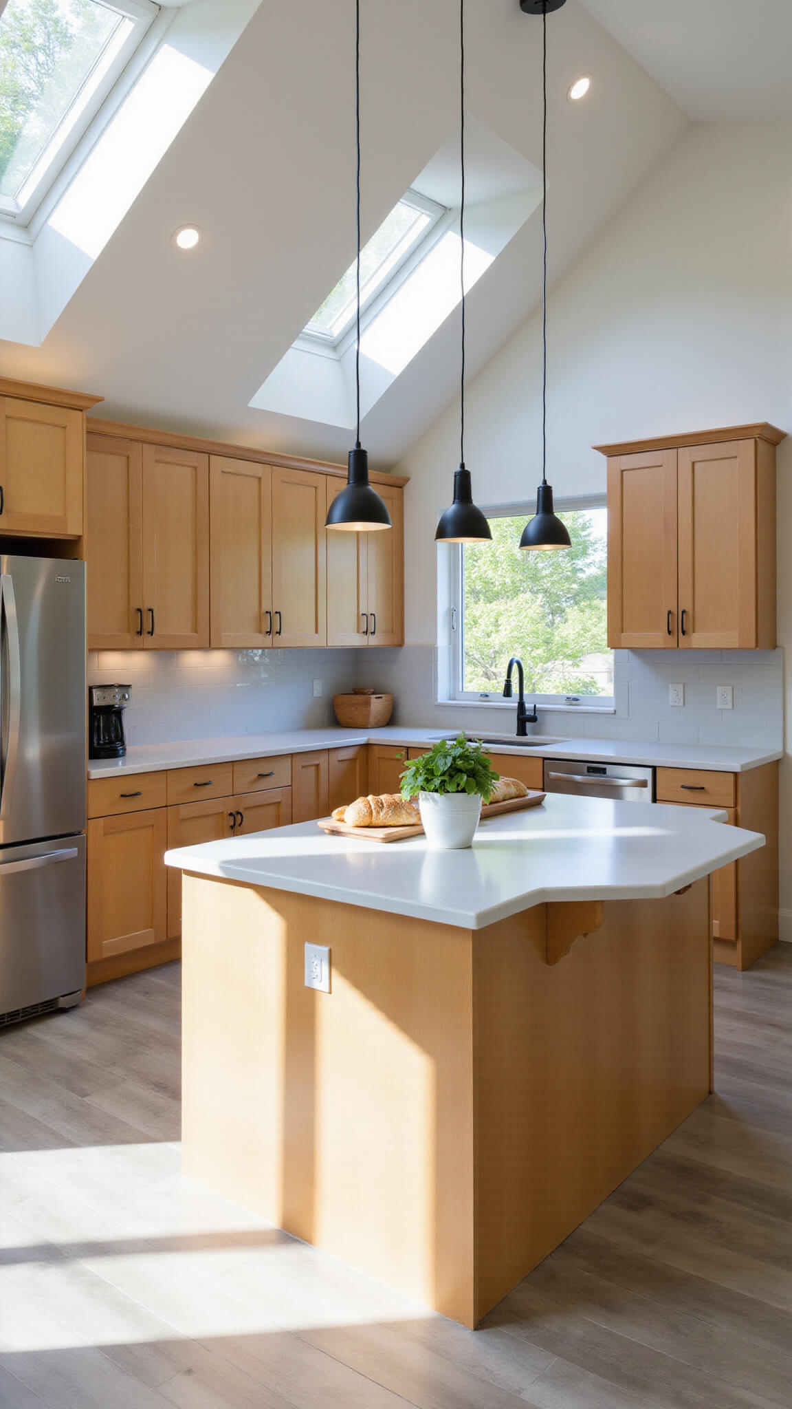 Modern kitchen with maple cabinets, quartz countertops, center island, and morning sunlight through skylight.