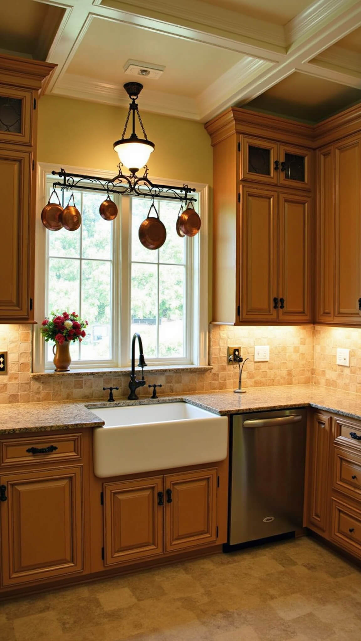Cozy traditional kitchen with natural maple cabinets, granite countertops, farmhouse sink, and copper cookware in warm golden hour lighting.
