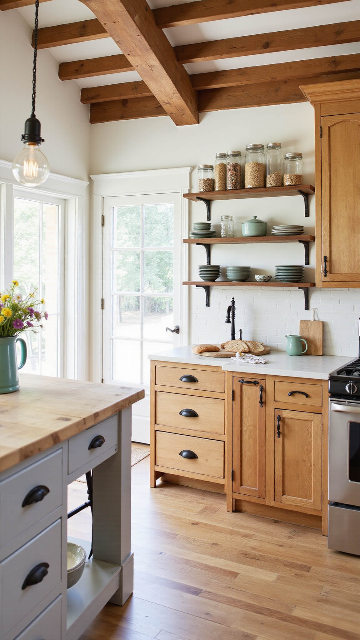 Rustic farmhouse kitchen with natural maple cabinets, butcher block island, open shelving with vintage dishes, and sunlight streaming through large windows onto wide plank hardwood floors.