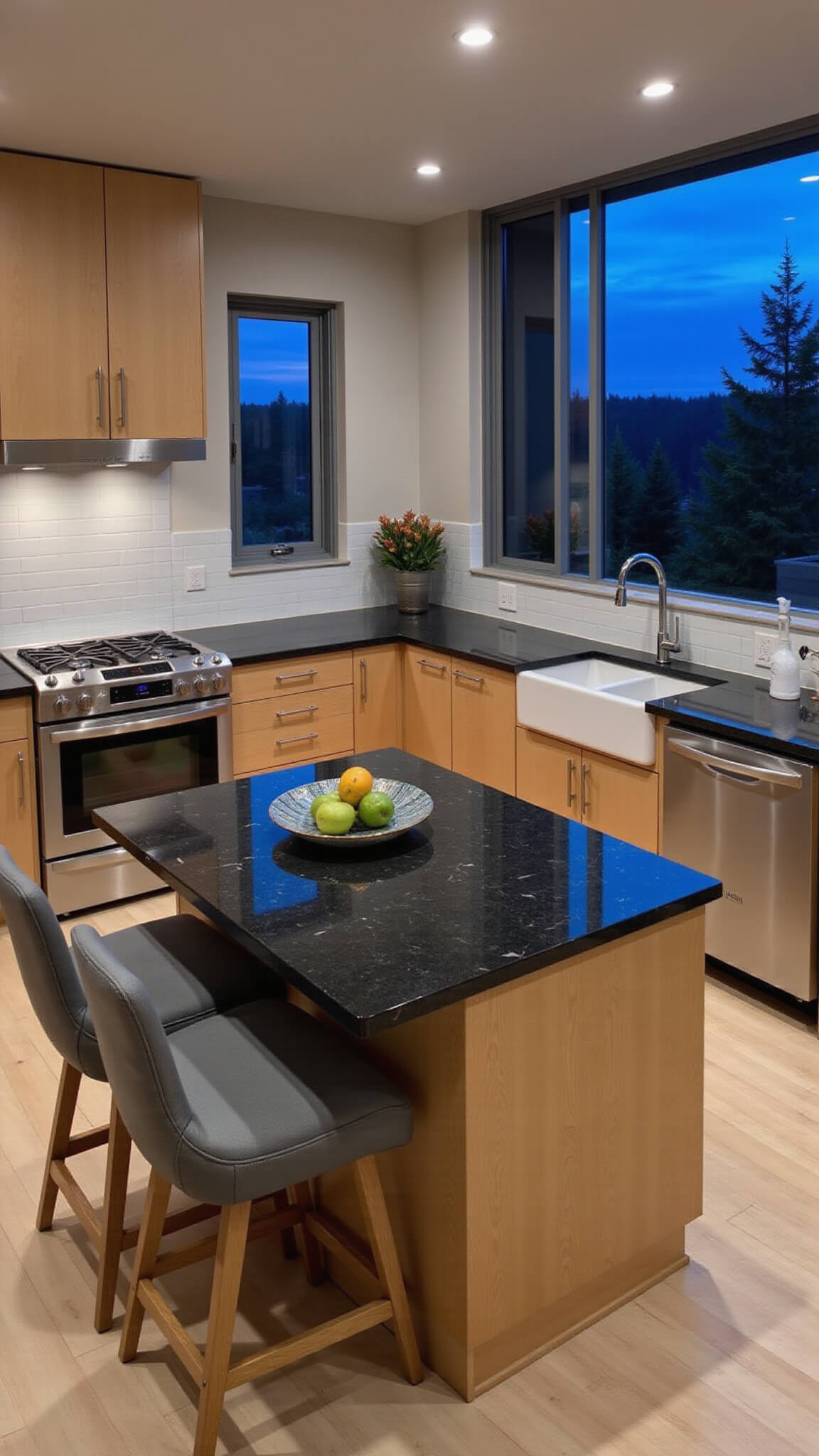 Overhead view of a luxurious open-concept kitchen with maple cabinets, charcoal quartz island, stainless appliances, and floor-to-ceiling twilight-lit windows.