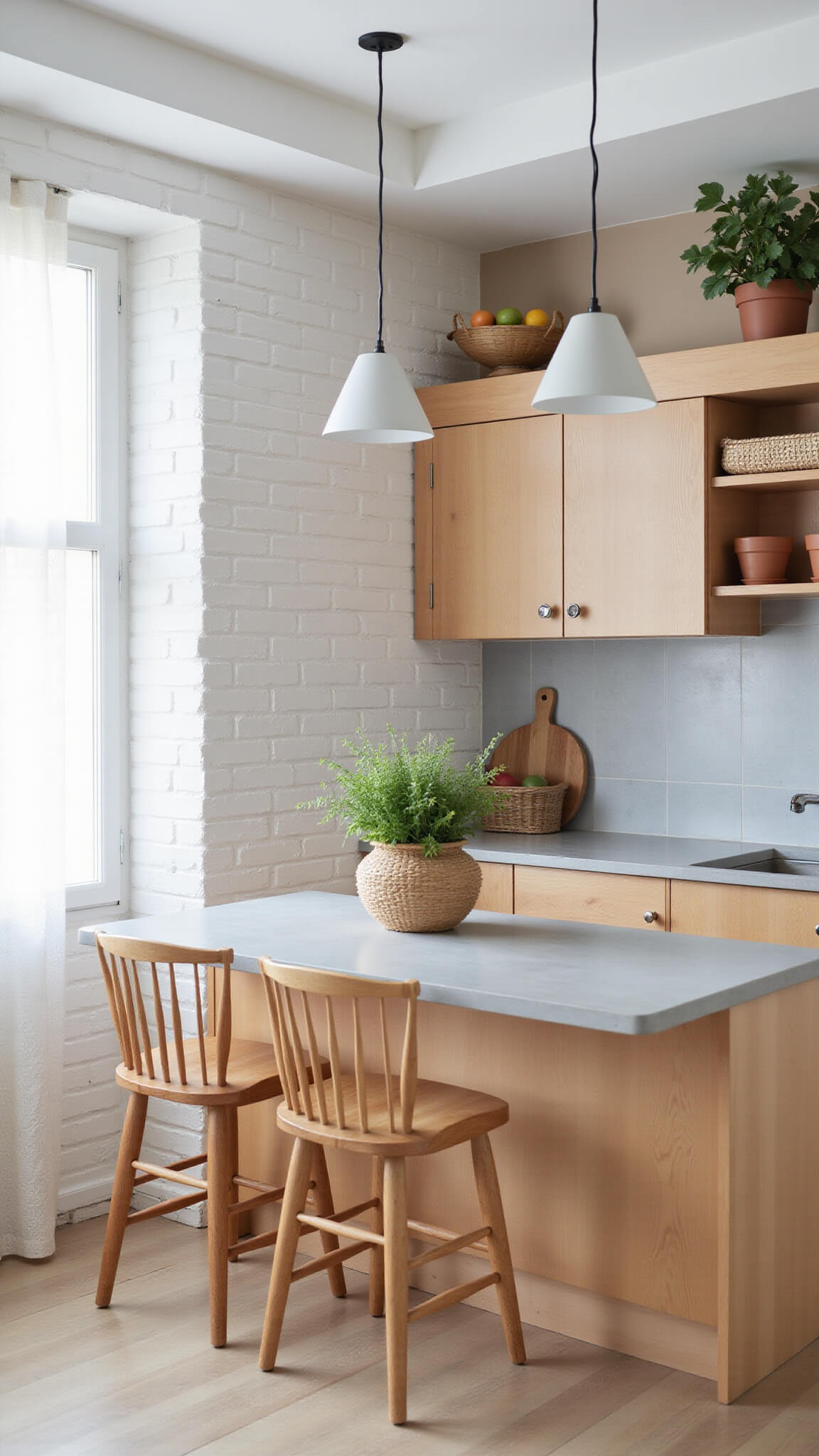 Scandinavian-style kitchen with white brick walls, natural maple cabinets, concrete countertops, and a pale gray hex tile backsplash, bathed in soft natural light with wishbone chairs at a floating breakfast bar.