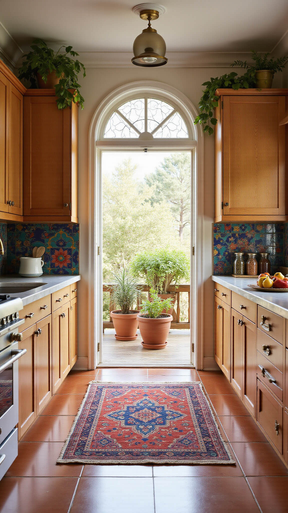 Eclectic bohemian kitchen with arched doorway, maple cabinets with vintage hardware, Moroccan tile backsplash, terracotta floor with colorful rug, and warm sunlight through stained glass window.