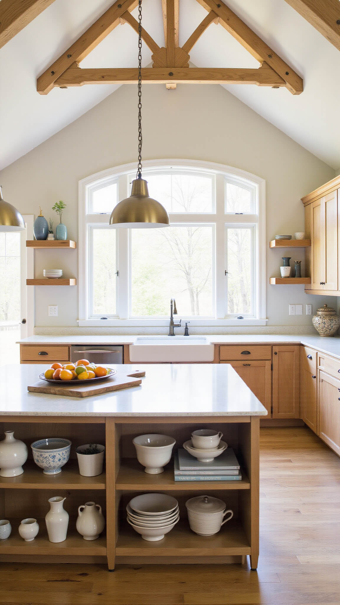 Vaulted kitchen with exposed beams, light maple cabinets, central island with white quartz top, brass pendant lights, bay windows with morning sun, pottery in whites and blues, and citrus on wooden cutting board.